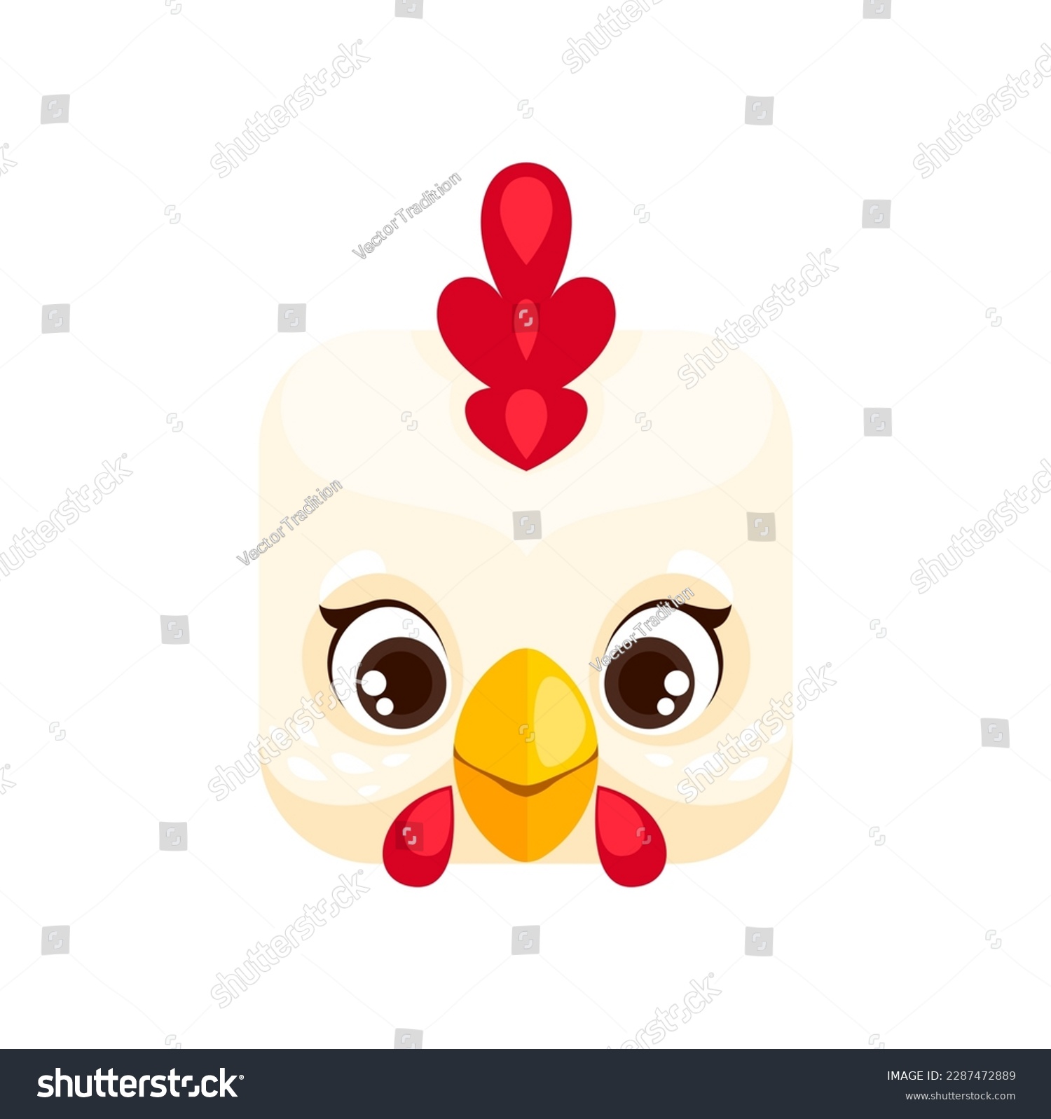 SVG of Cartoon rooster kawaii square animal face. Vector farm bird, cock character portrait with eyes and beak. Isolated app button, icon, graphic design element svg