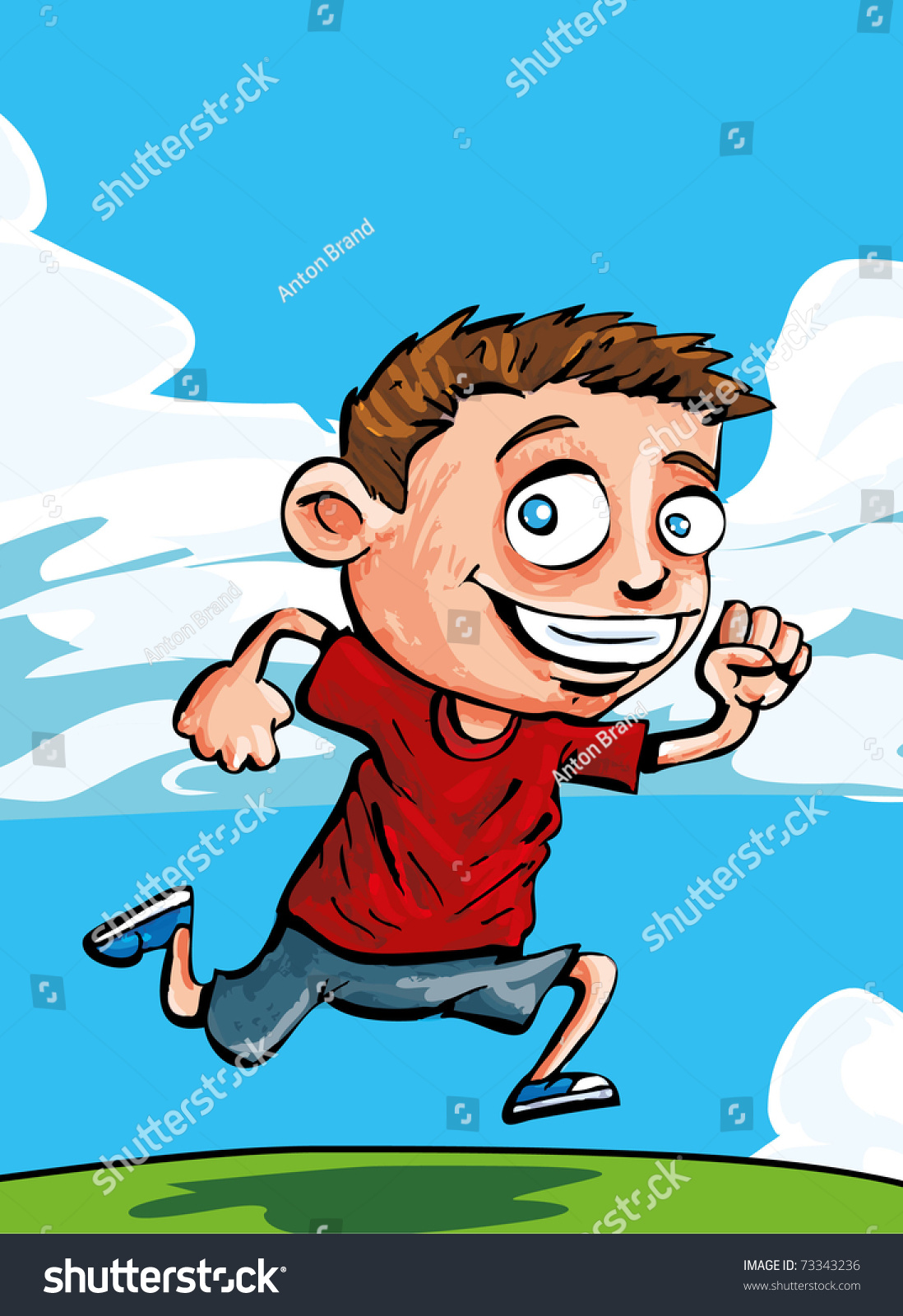 Cartoon Running Boy With Blue Sky And Clouds Behind Him Stock Vector ...