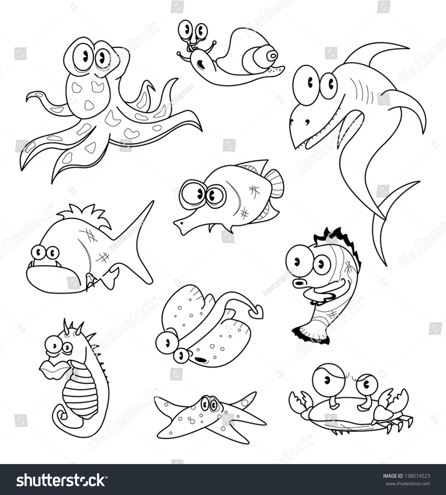 Cartoon Sea Creatures Isolated On White Stock Vector (Royalty Free ...