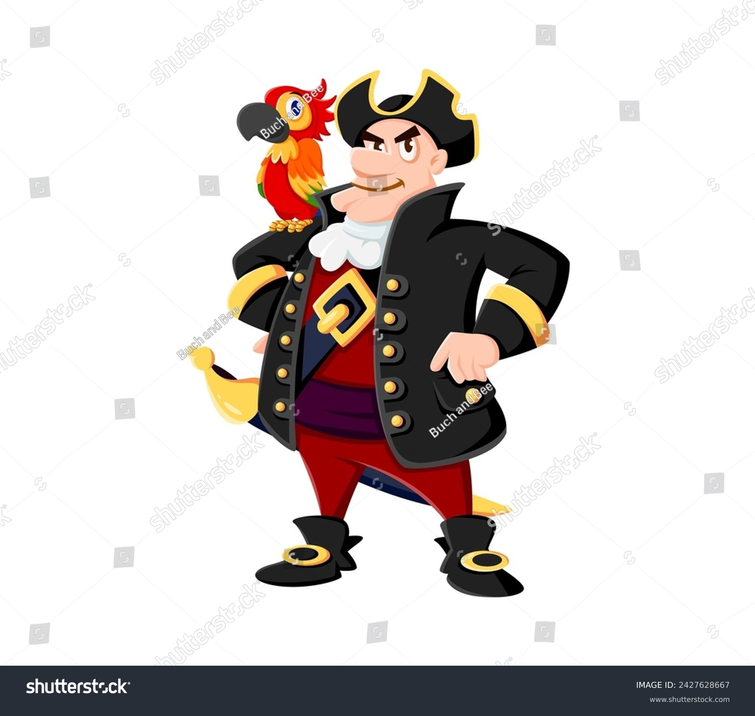 SVG of Cartoon sea pirate and corsair captain character with parrot. Isolated vector charismatic buccaneer personage in traditional hat and costume, confidently stands with colorful bird perched on shoulder svg