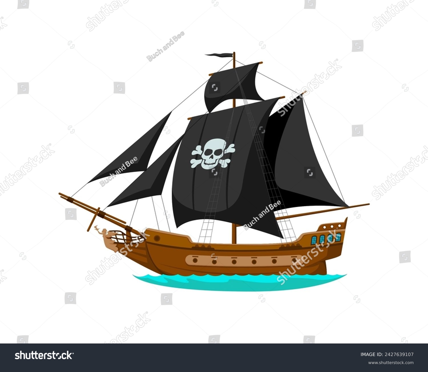 SVG of Cartoon sea pirate corsair sailing ship. Isolated vector old frigate with black sails, jolly roger skull, flag and wooden hull. Brigantine on ocean waves, ready for adventure. Buccaneer transportation svg