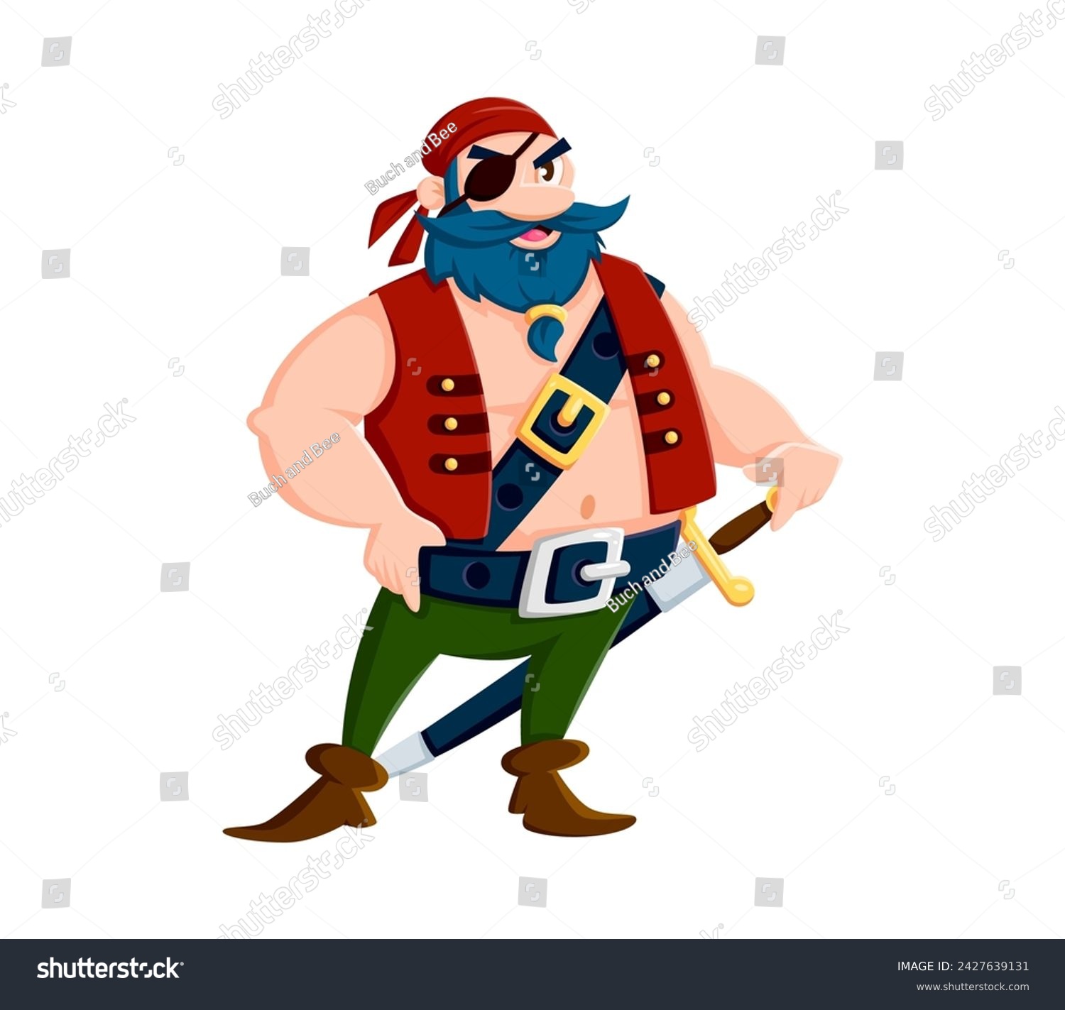SVG of Cartoon sea pirate, sailor or corsair character. Isolated vector roguish buccaneer or rover personage with a bushy beard, an eye patch, bandana and vest, confidently stands with a cutlass on belt svg