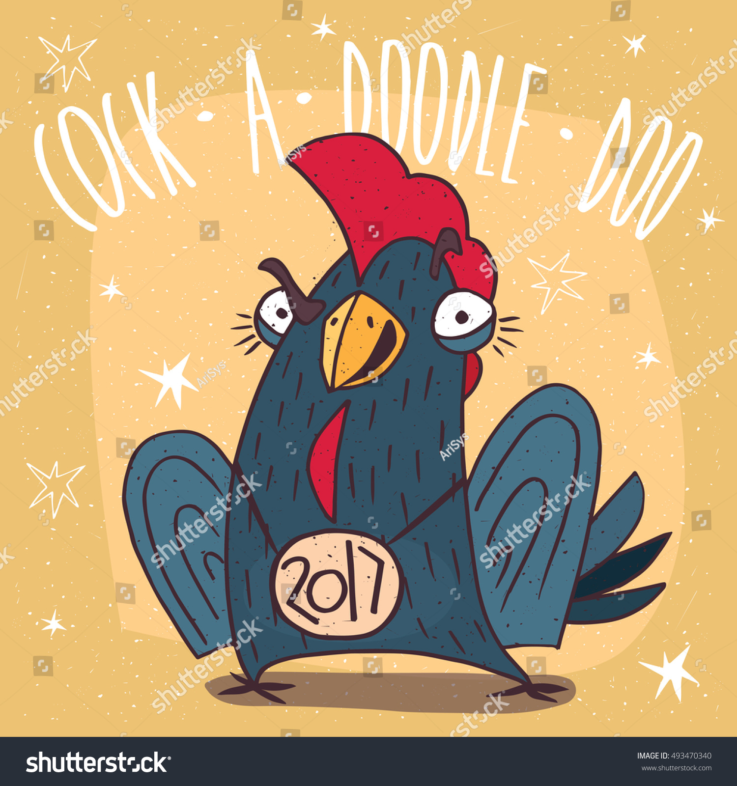 SVG of Cartoon self-confident and aggressively tuned cock or rooster with the logo 2017, stands and smiles on yellow background. Cock a doodle doo lettering. Vector illustration svg