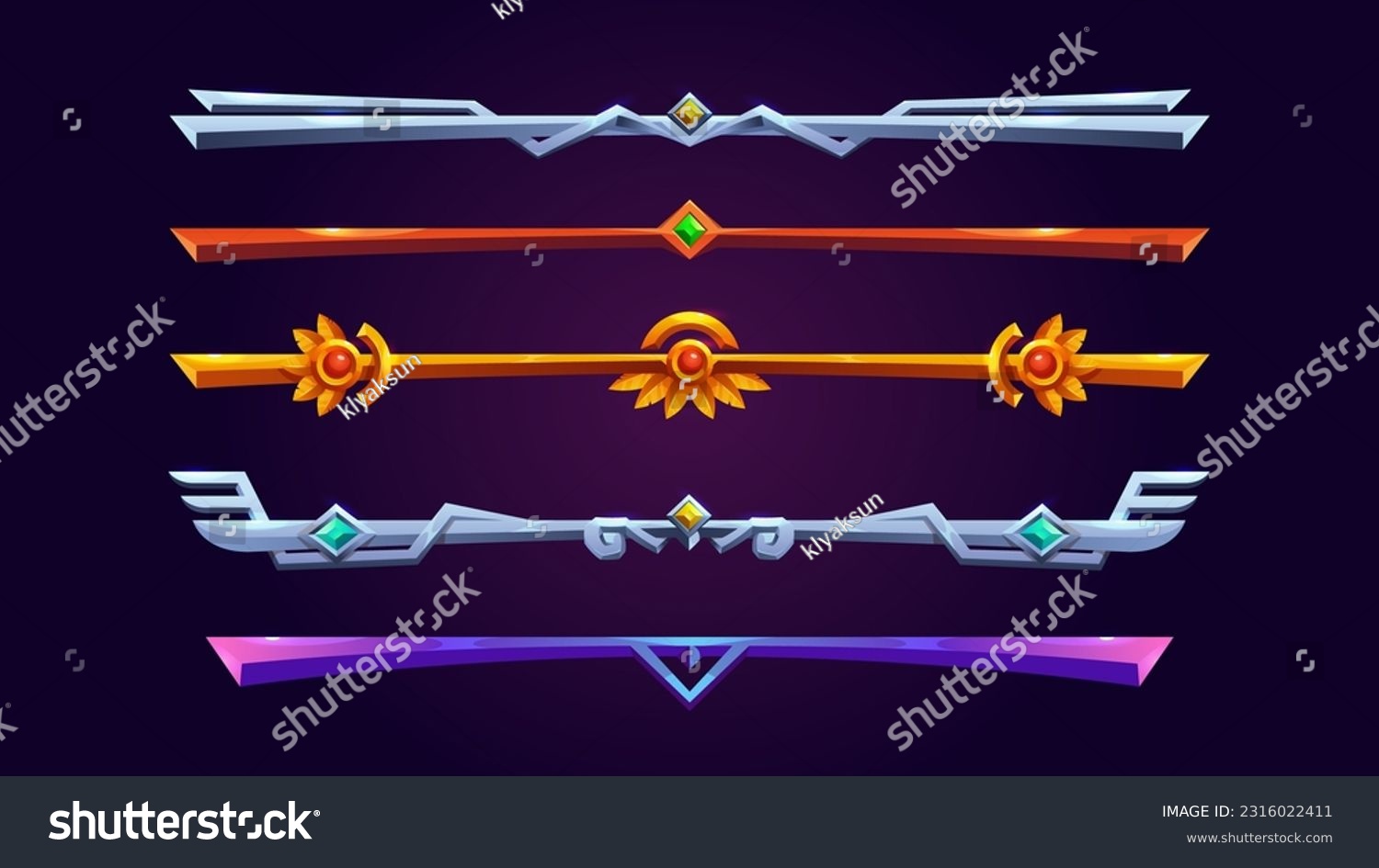 SVG of Cartoon set of decorative game dividers isolated on background. Vector illustration of medieval, royal and futuristic golden, silver, bronze, iron level items ornated with gemstones. UI design element svg