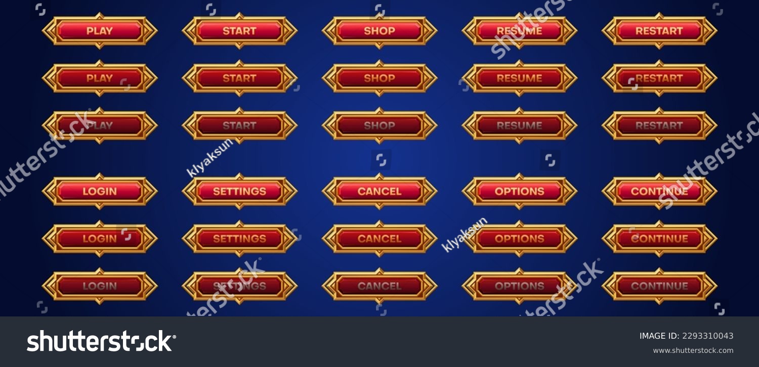 SVG of Cartoon set of medieval game buttons animation set. Vector illustration of red bars with golden frames. Play, start, shop, resume, restart, login, settings, cancel, option, continue sprite sheet svg