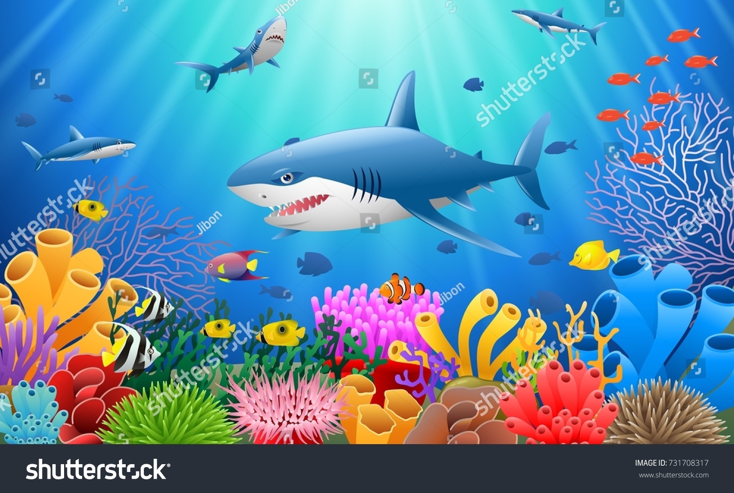 Cartoon Shark Coral Reef Underwater Ocean Stock Vector (Royalty Free