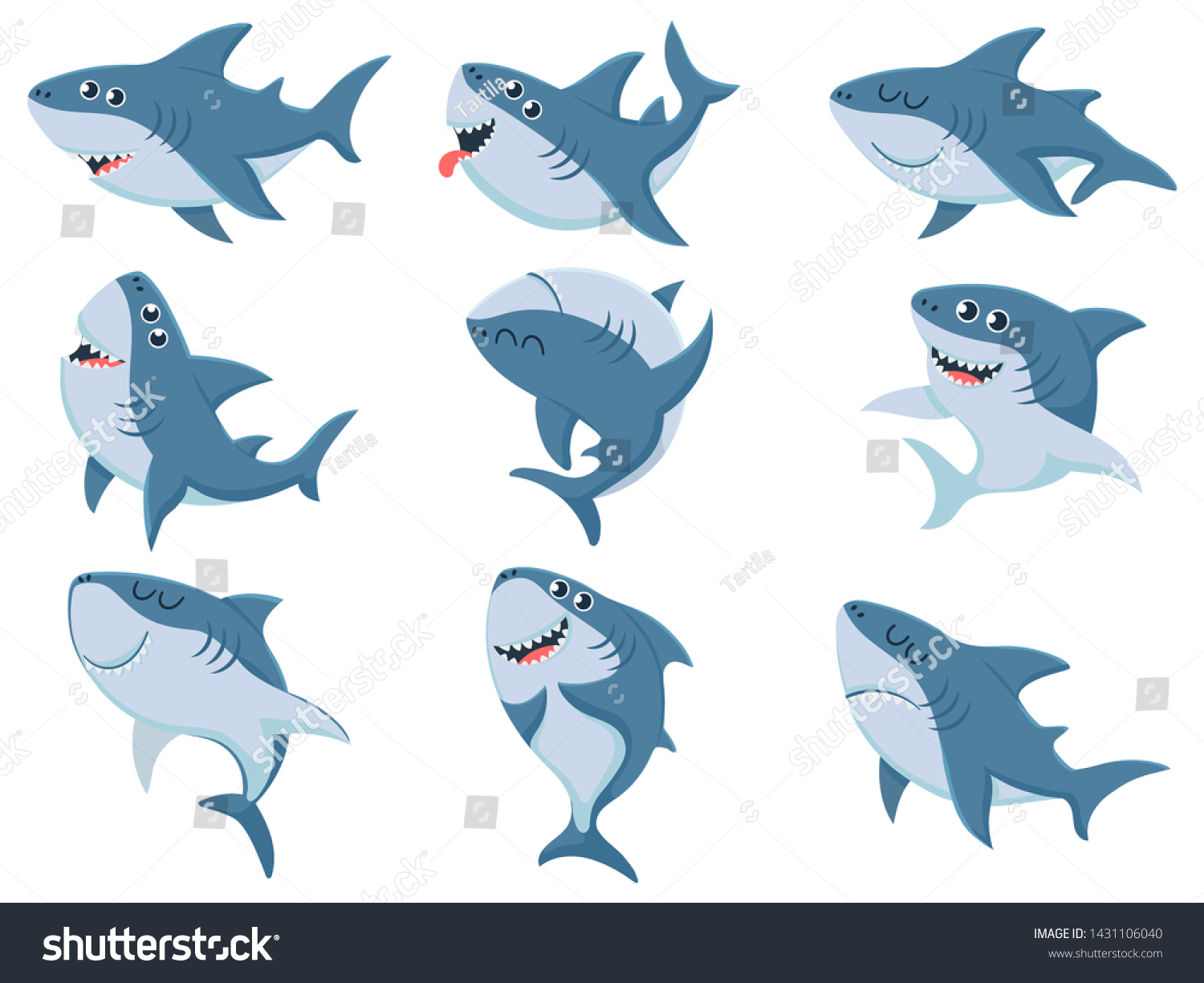 漫画のサメ コミックサメの動物 怖いあご 海で泳ぐ怒ったサメ 海洋捕食魚のマスコットや大海のサメのキャラクター ベクターイラストのアイコンセット のベクター画像素材 ロイヤリティフリー