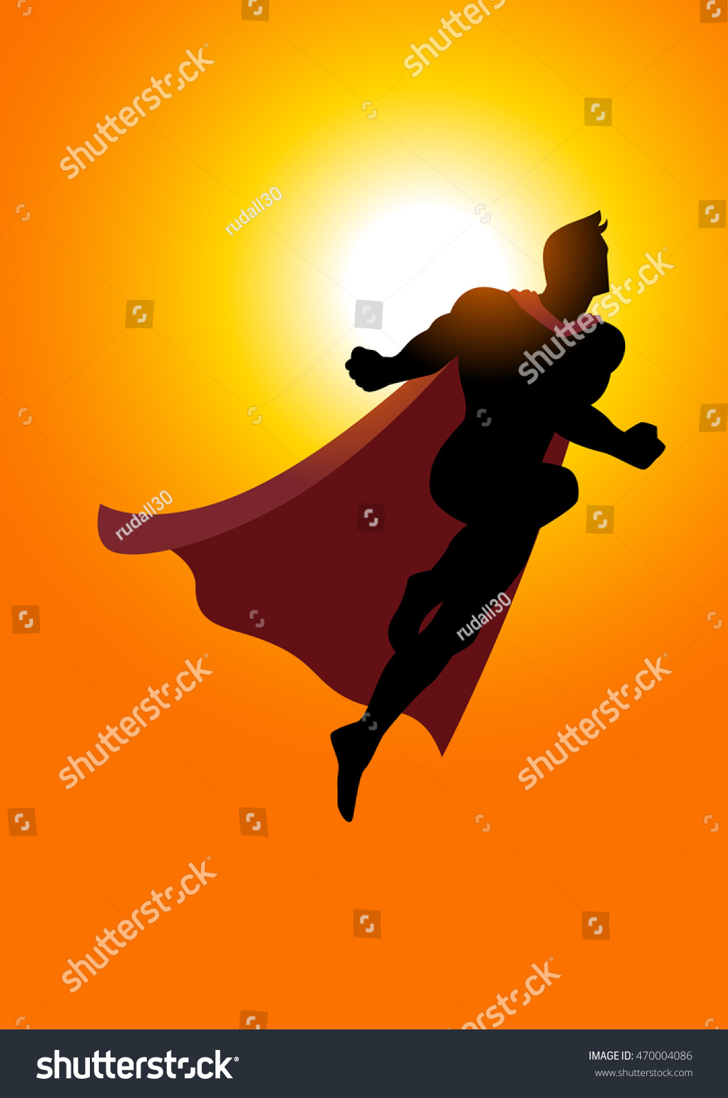 Cartoon Silhouette Superhero Flying Sunrise Stock Vector (Royalty Free ...