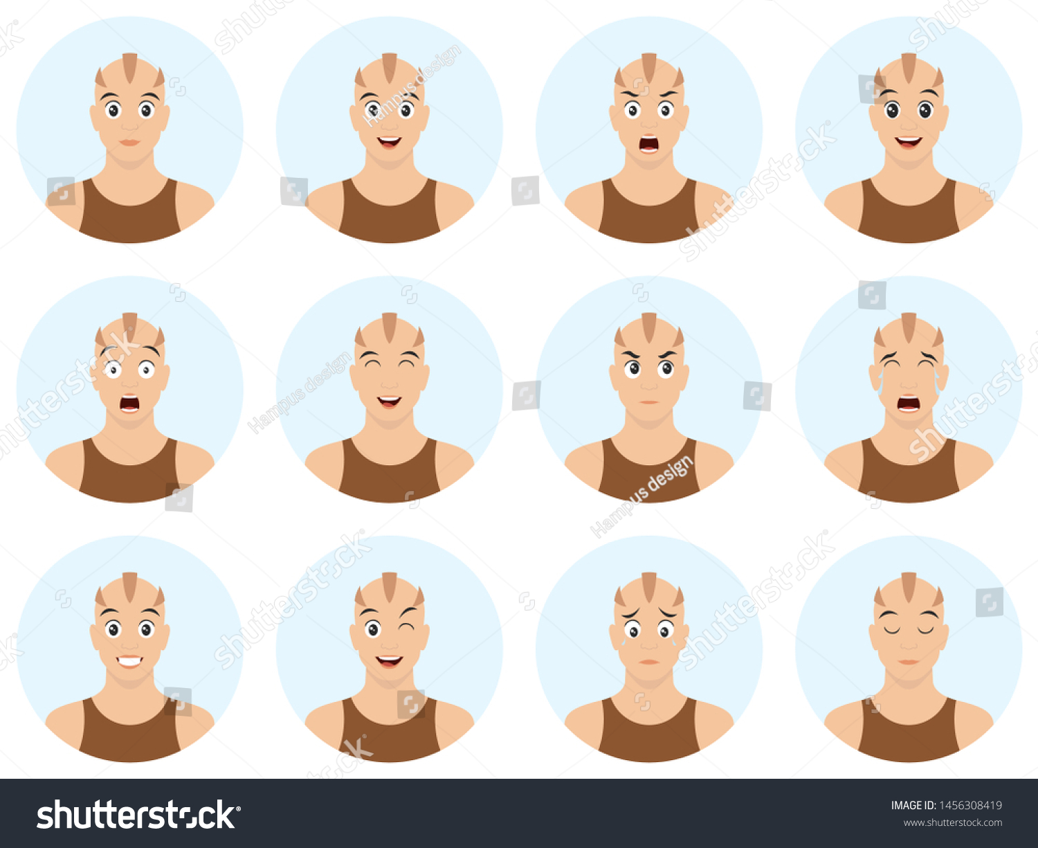 Vektor Stok Cartoon Skinhead Different Emotions Facial Expression Tanpa Royalti 1456308419 1724