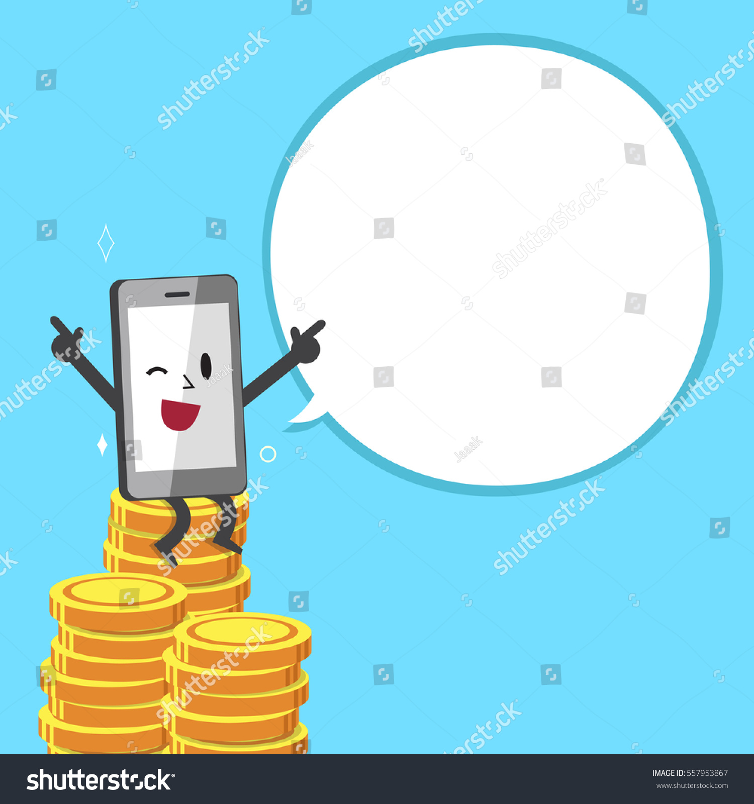 Vektor Stok Cartoon Smartphone Character Money Stacks White Tanpa