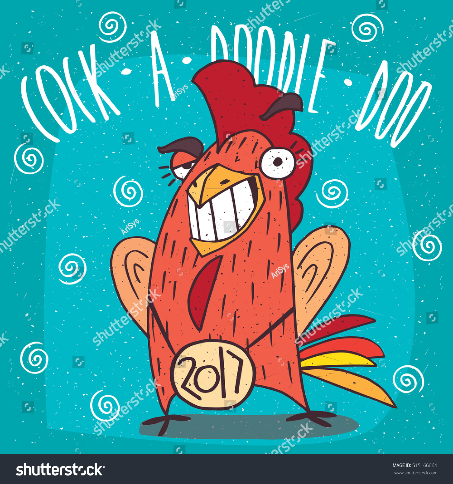 SVG of Cartoon smug cock or rooster with the logo 2017, smiling teeth and making eyes at. Blue background and Cock a doodle doo lettering. Vector illustration svg