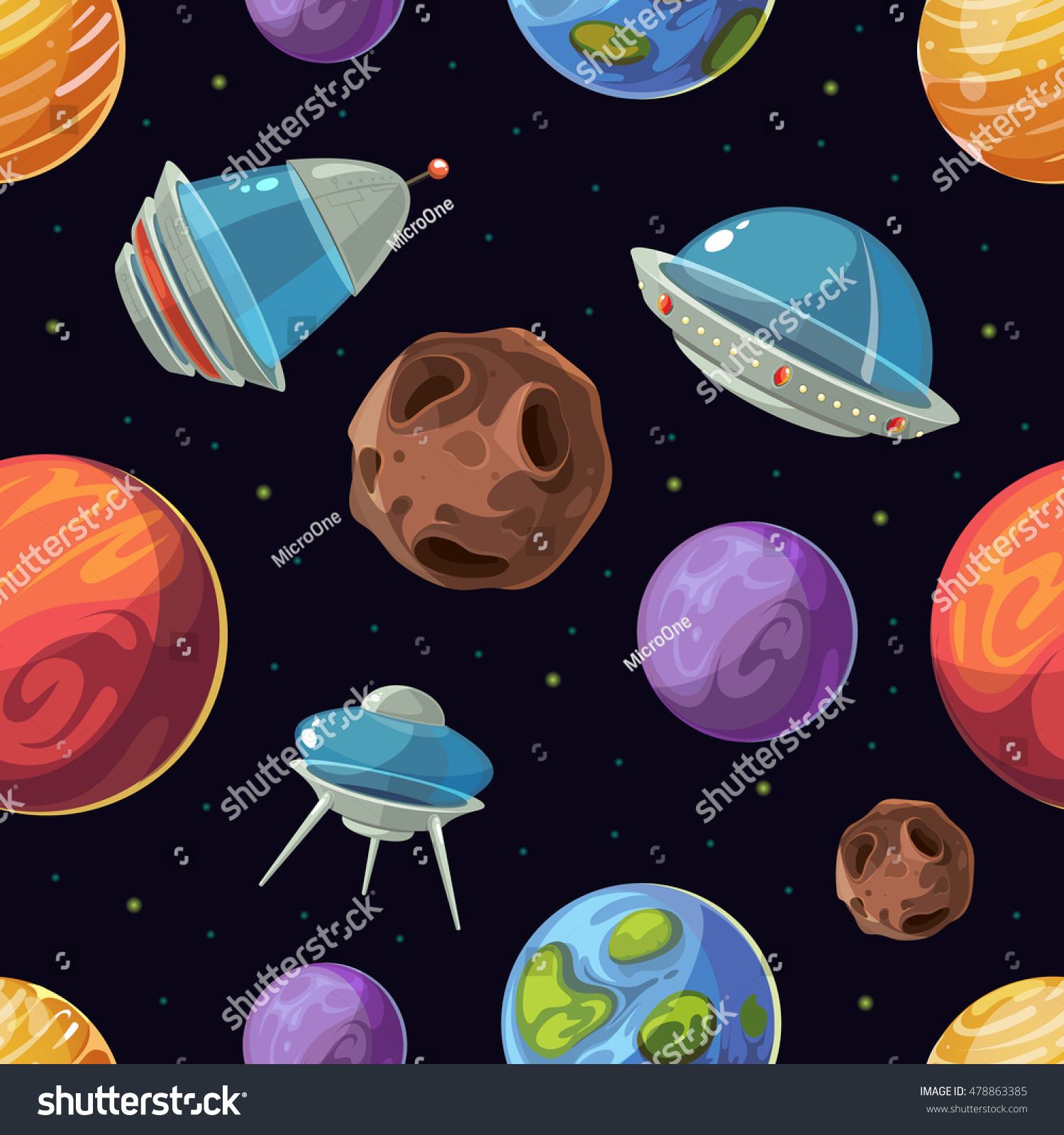 Cartoon Space Planets Spaceships Ufo Vector Stock Vector 478863385 ...