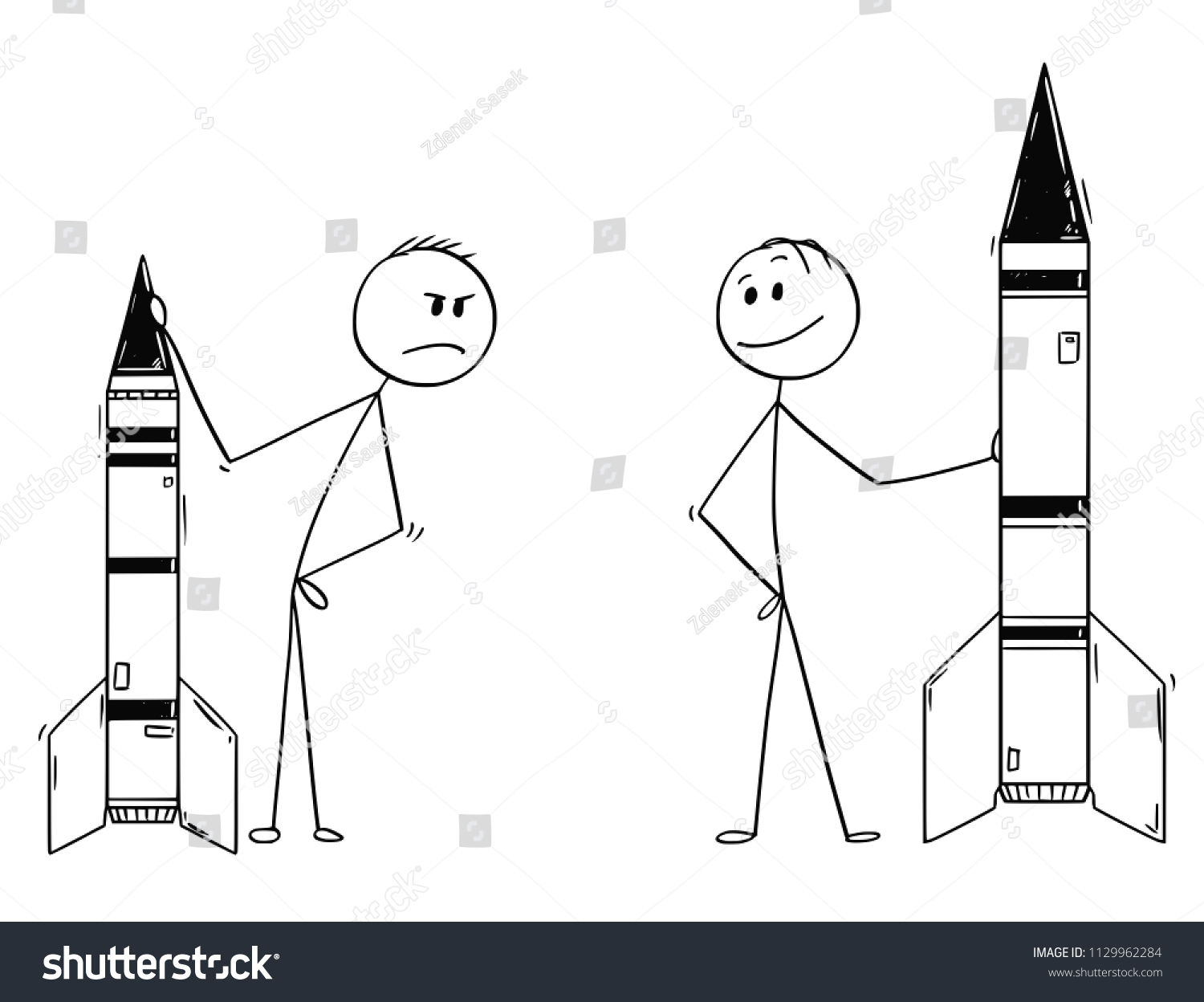 Cartoon stick drawing conceptual illustration of two politicians or businessmen demonstrating missiles or rockets. Concept of military force deterrence .
