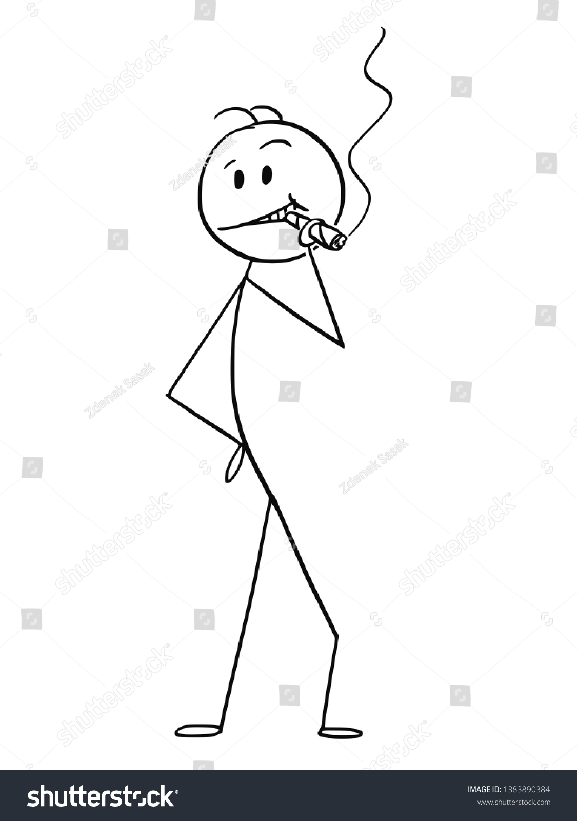 大きな葉巻にポーズをとり たばこを吸っている自信過剰な男性に笑いを浮かべた漫画のスティックの姿を描いたコンセプトイラスト のベクター画像素材 ロイヤリティフリー