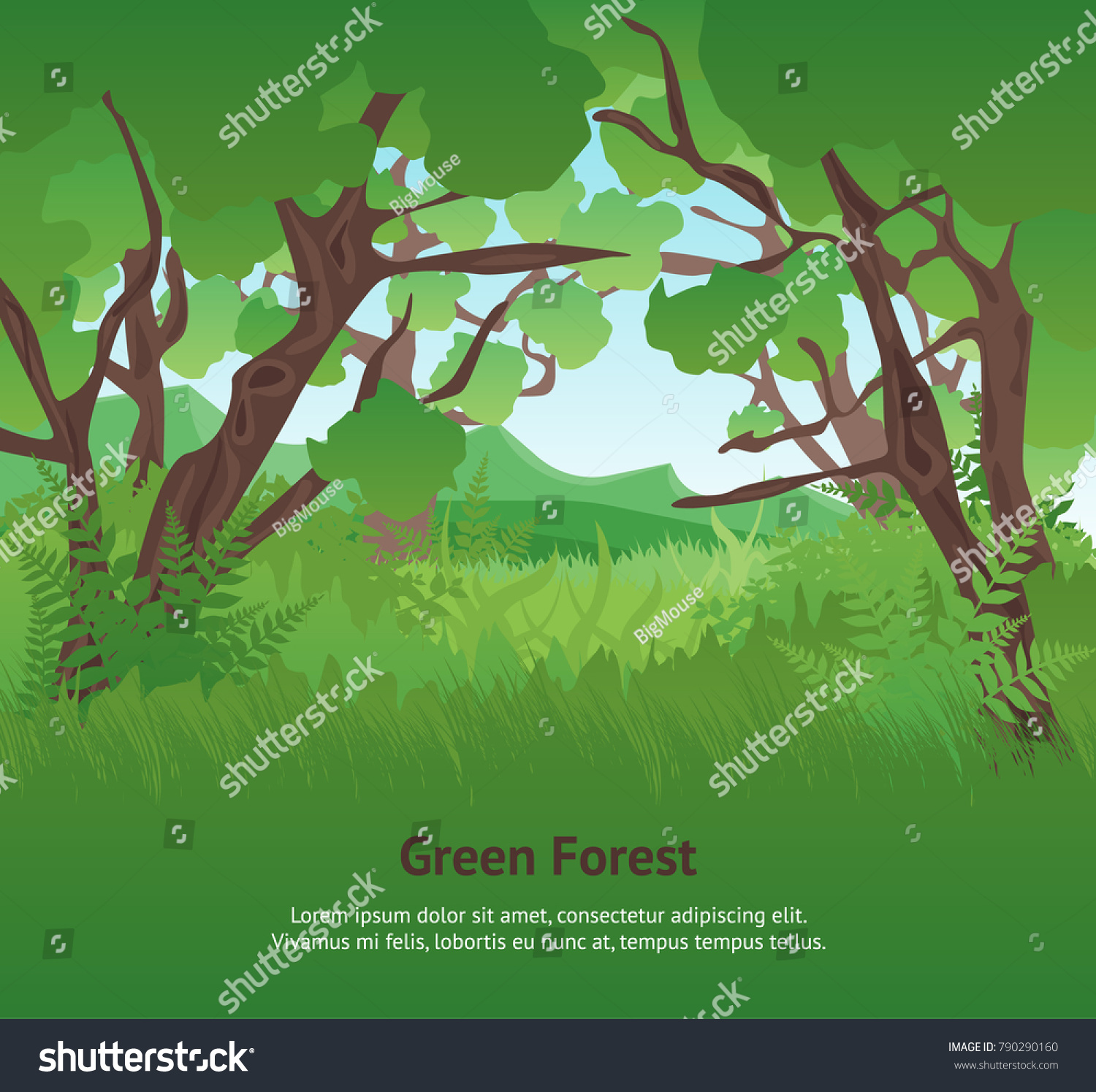 Cartoon Summer Green Forest Landscape Background Card Poster Flat Design Nature Scene Adventure Travel Vector Cartoon Summer Green Forest Landscape Background Card Poster Flat Design Nature Scene Adventure Travel Vector