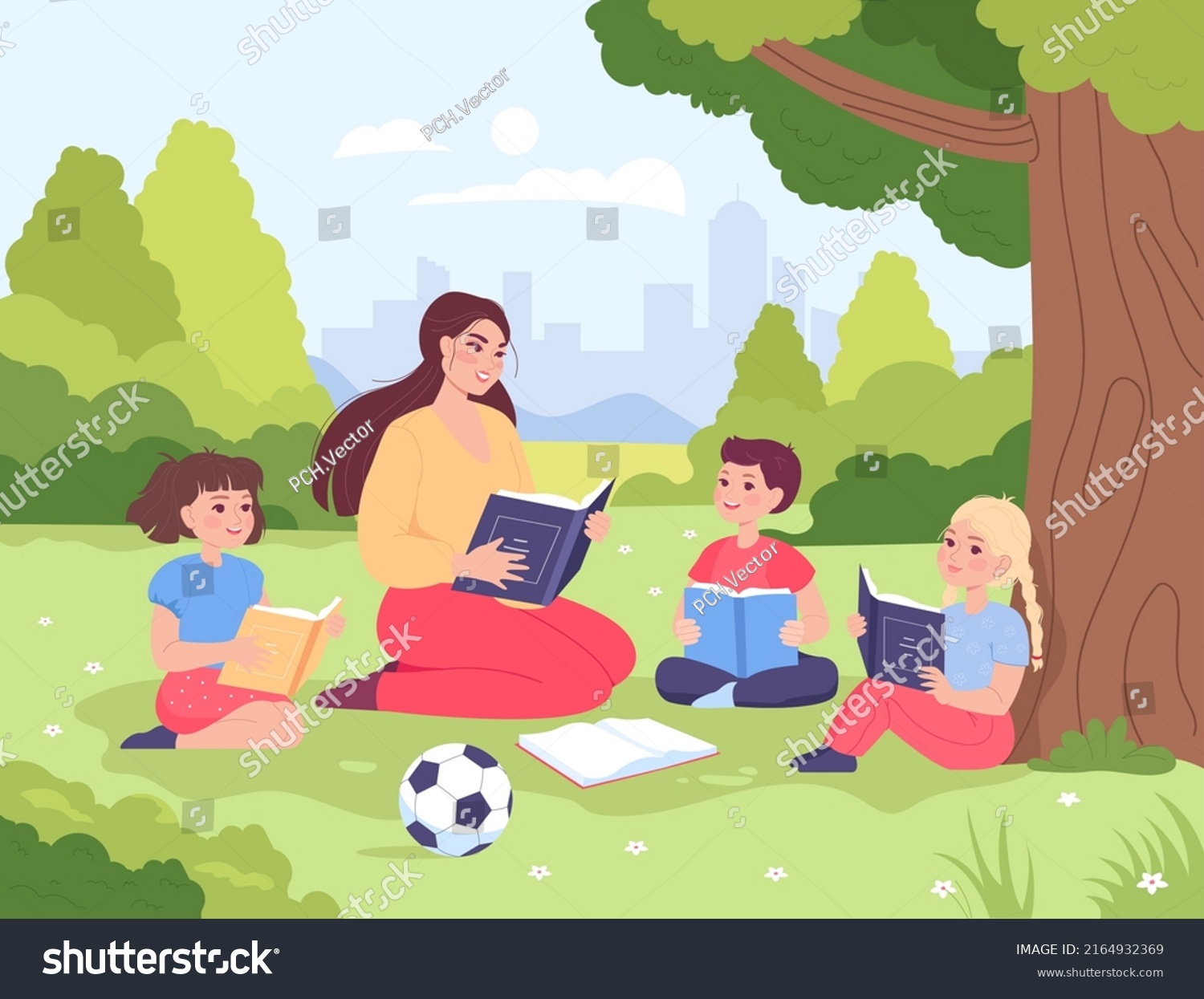 Cartoon Teacher Reading Book Children Park Stock Vector (Royalty Free ...