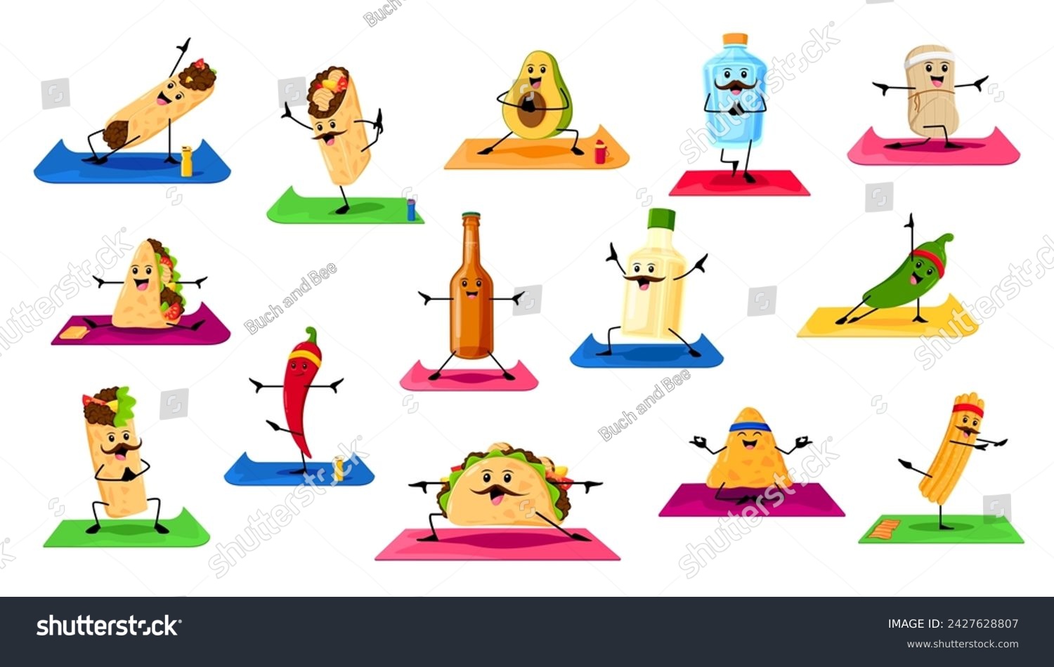 SVG of Cartoon tex mex mexican food and drinks characters on yoga fitness. Funny taco, burrito, nachos and quesadilla vector personages. Chili pepper, avocado, tequila, tamale and enchilada doing exercises svg