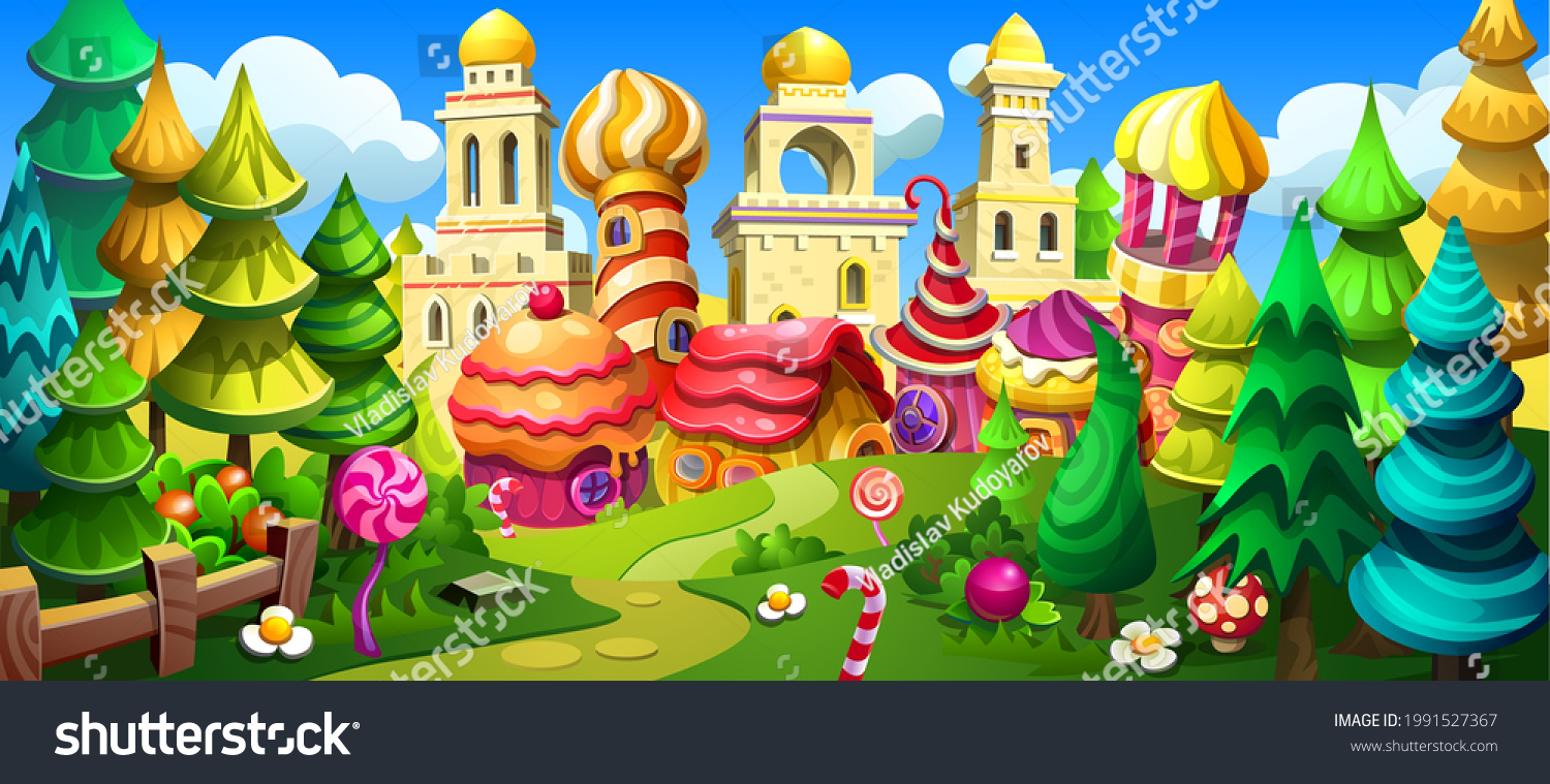 SVG of Cartoon town in a fantastic colorful forest. Fabulous houses with colorful roofs and colorful towers. Vector illustration of a fairy tale.  svg