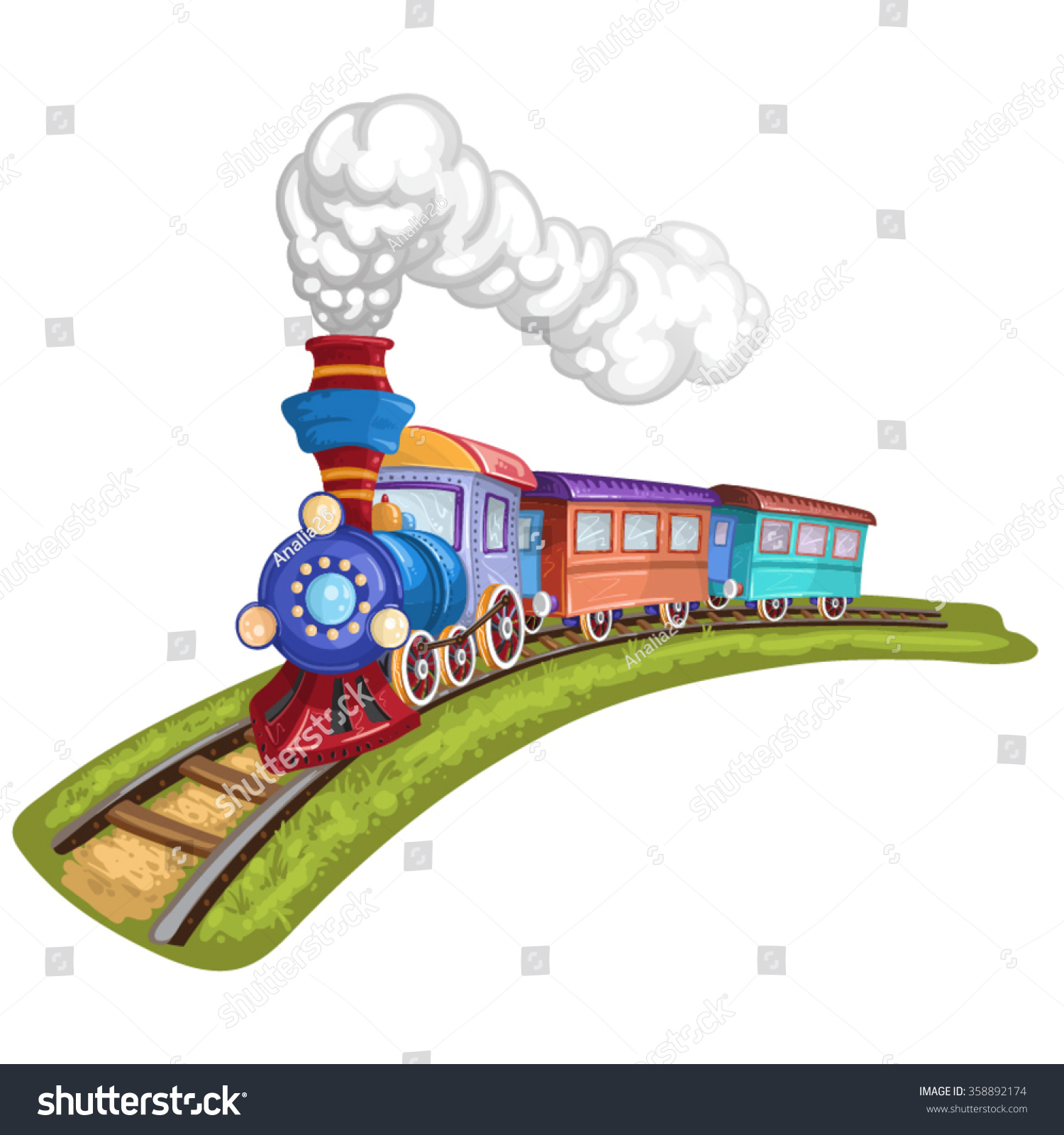 Cartoon Train With Colorful Carriage In Railroad