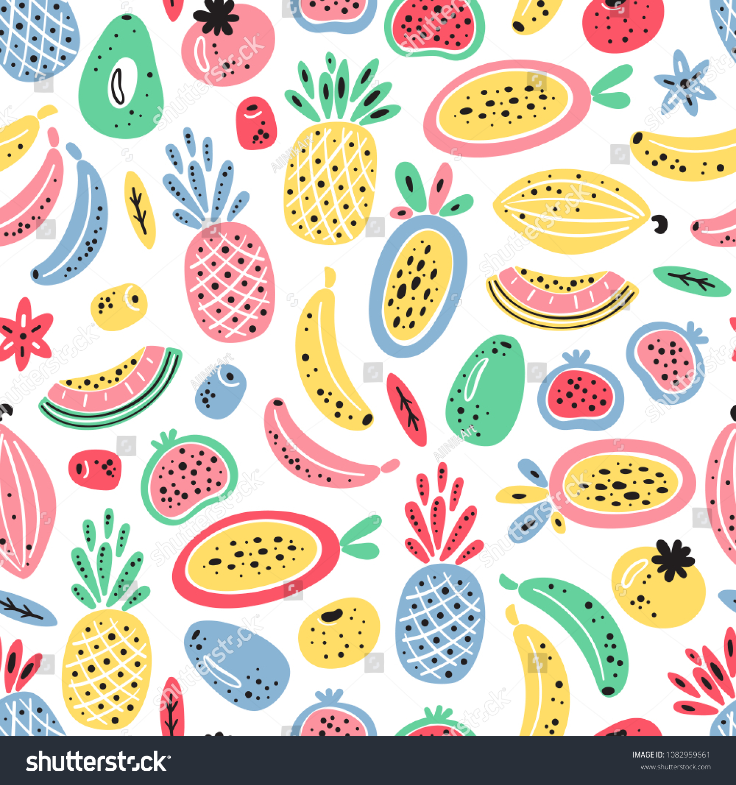 熱帯のフルーツとベリーのベクター画像シームレスパターン カラフルなフルーツの壁紙 健康的な夏の食べ物の背景 のベクター画像素材 ロイヤリティフリー