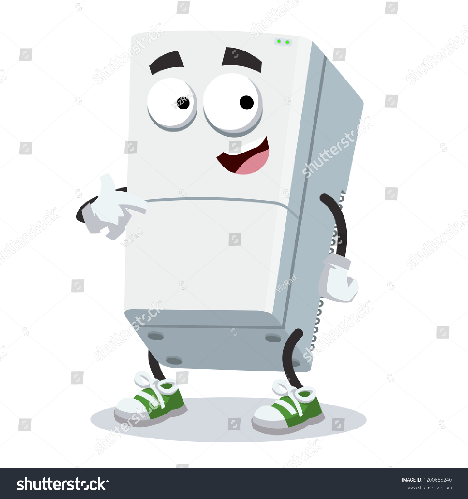 SVG of cartoon two compartment refrigerator mascot showing himself on a white background svg