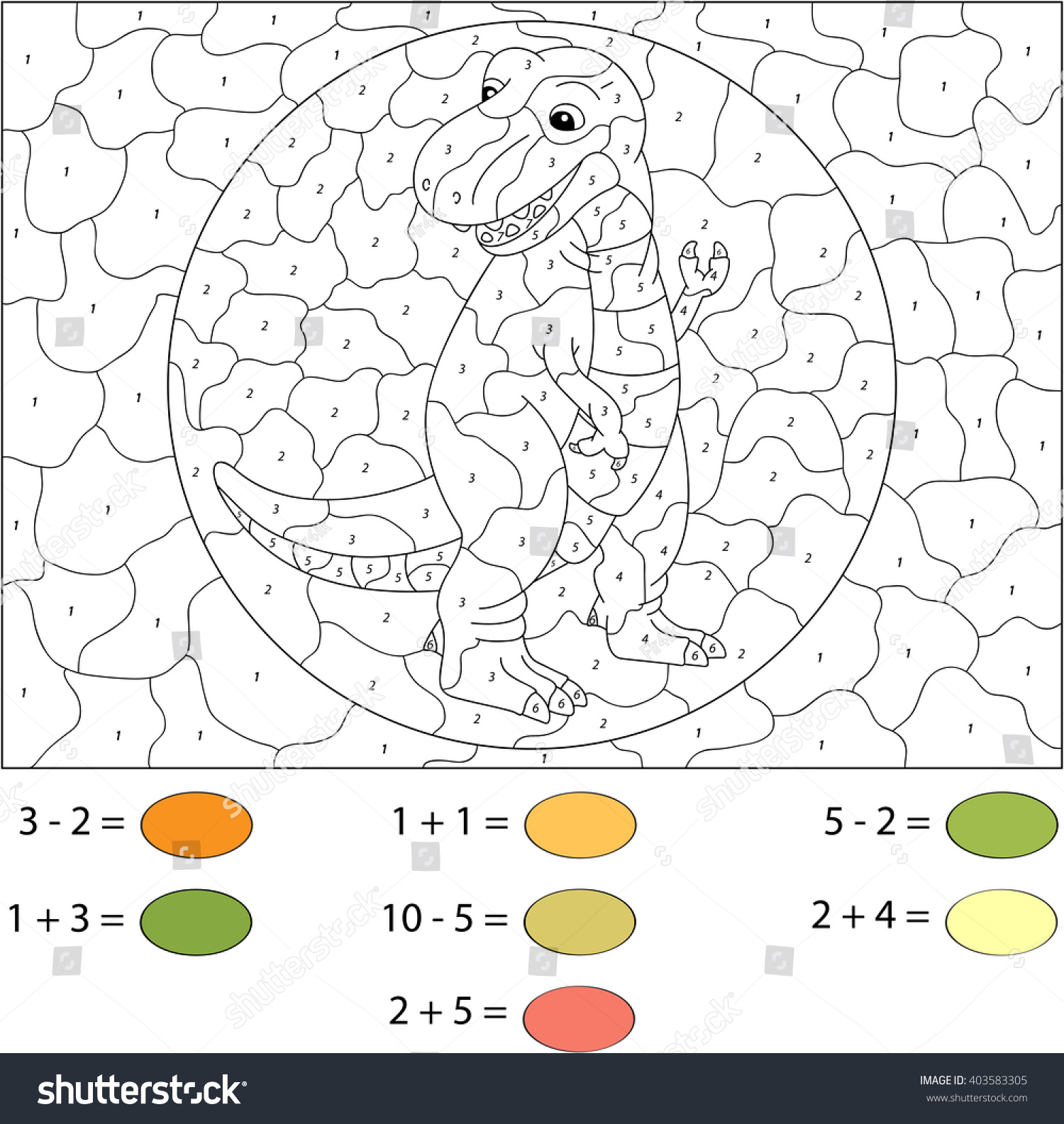 Cartoon Tyrannosaur Color By Number Educational Stock Vector (Royalty ...