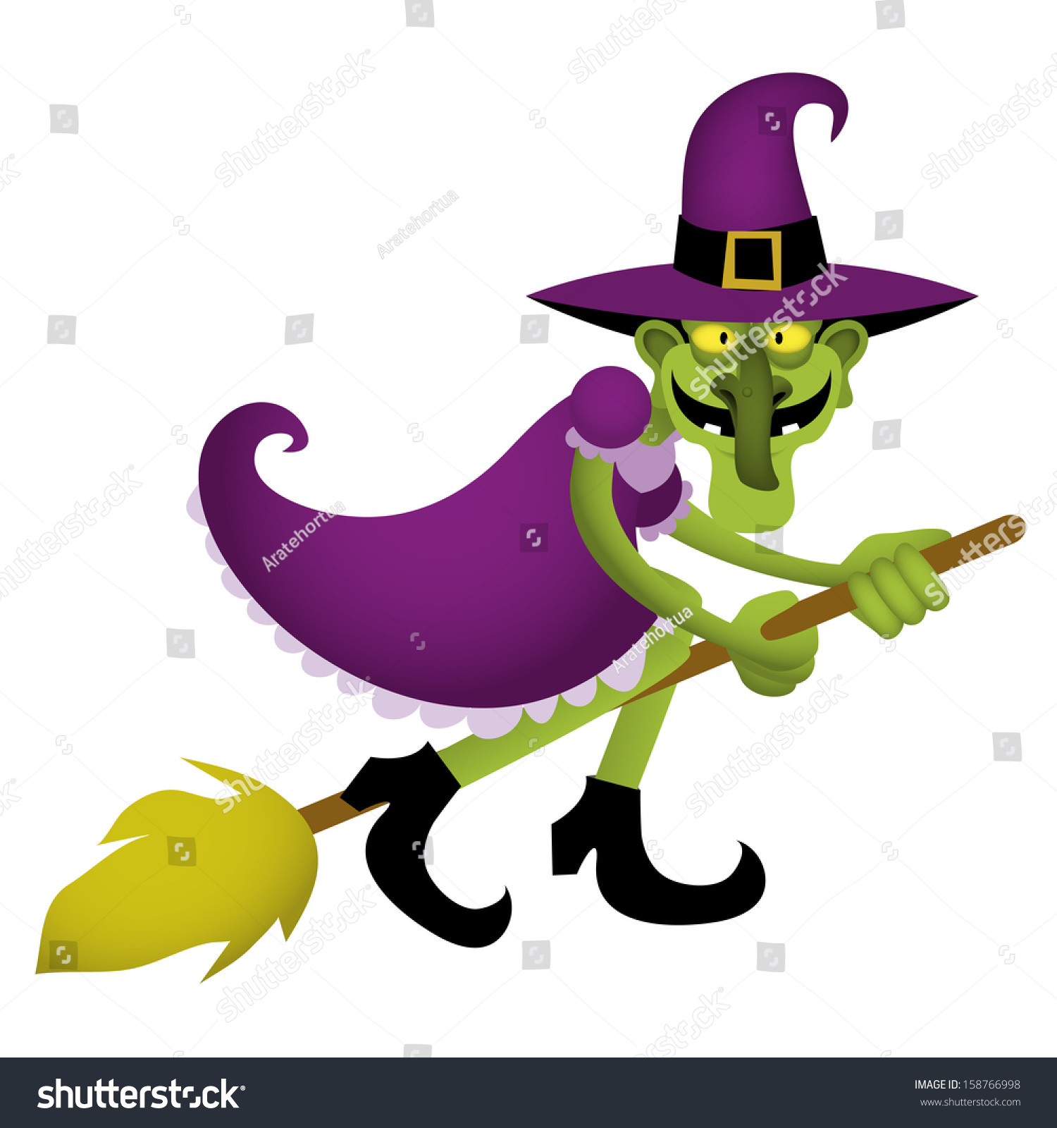 Cartoon Vector Funny Green Witch Riding A Broom - 158766998 : Shutterstock