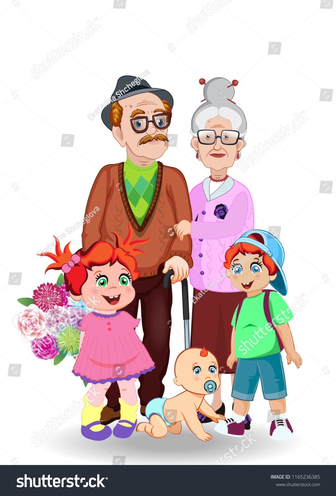 Cartoon Vector Illustration Grandparents Grandchildren Together Stock Vektor Royaltyfri 1165236385