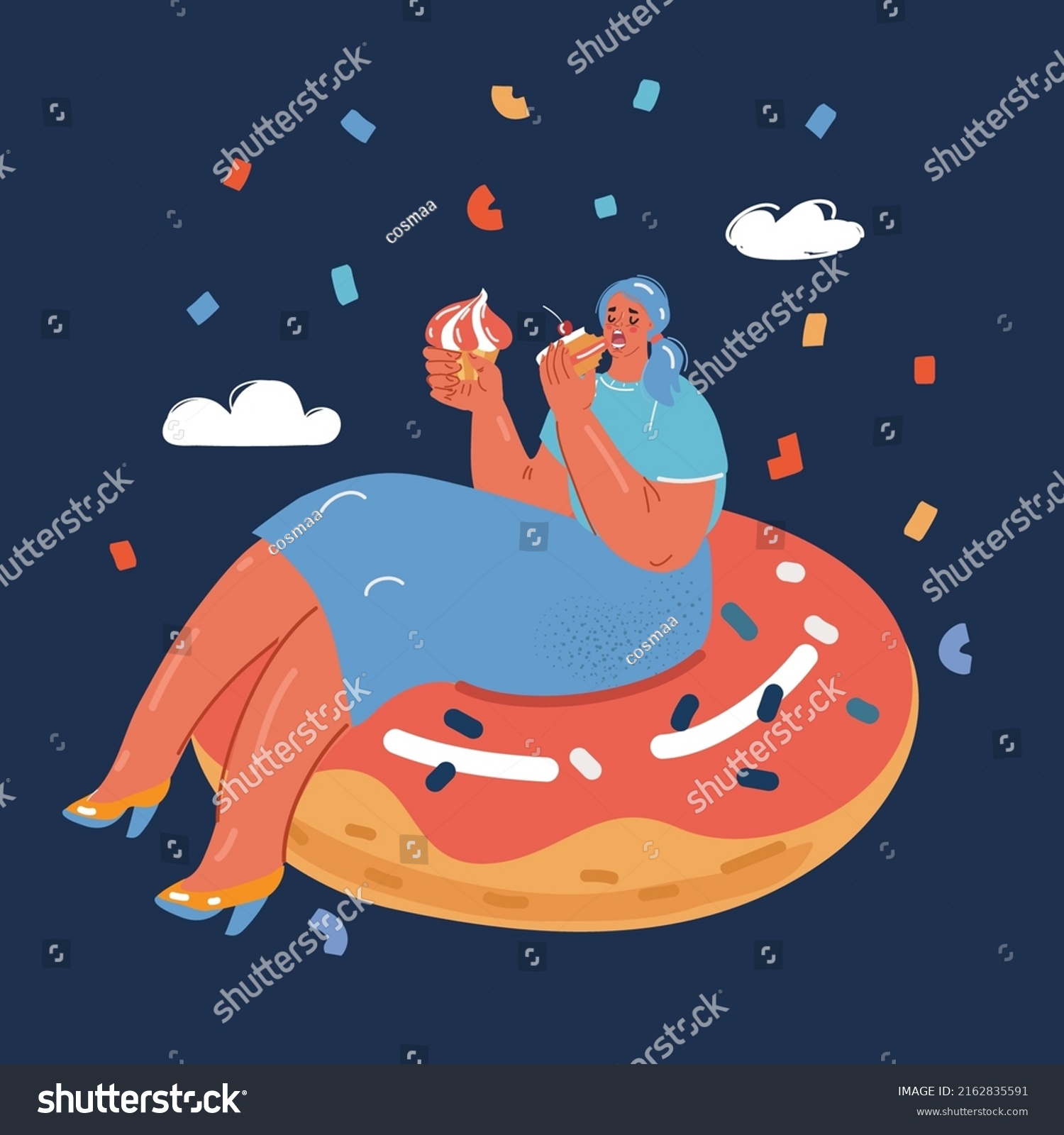 SVG of Cartoon vector illustration of lady eating cake sitting at big giant donut over dark backround. svg