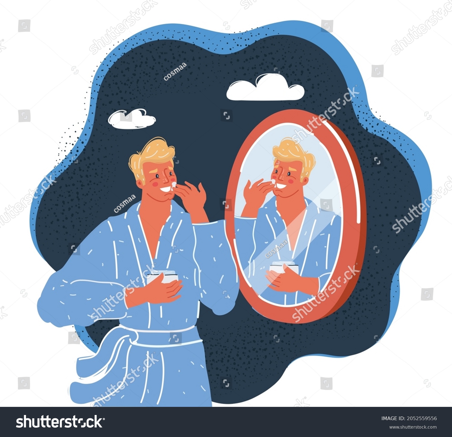 SVG of Cartoon vector illustration of man take care about him skin before mirror on dark backround. svg