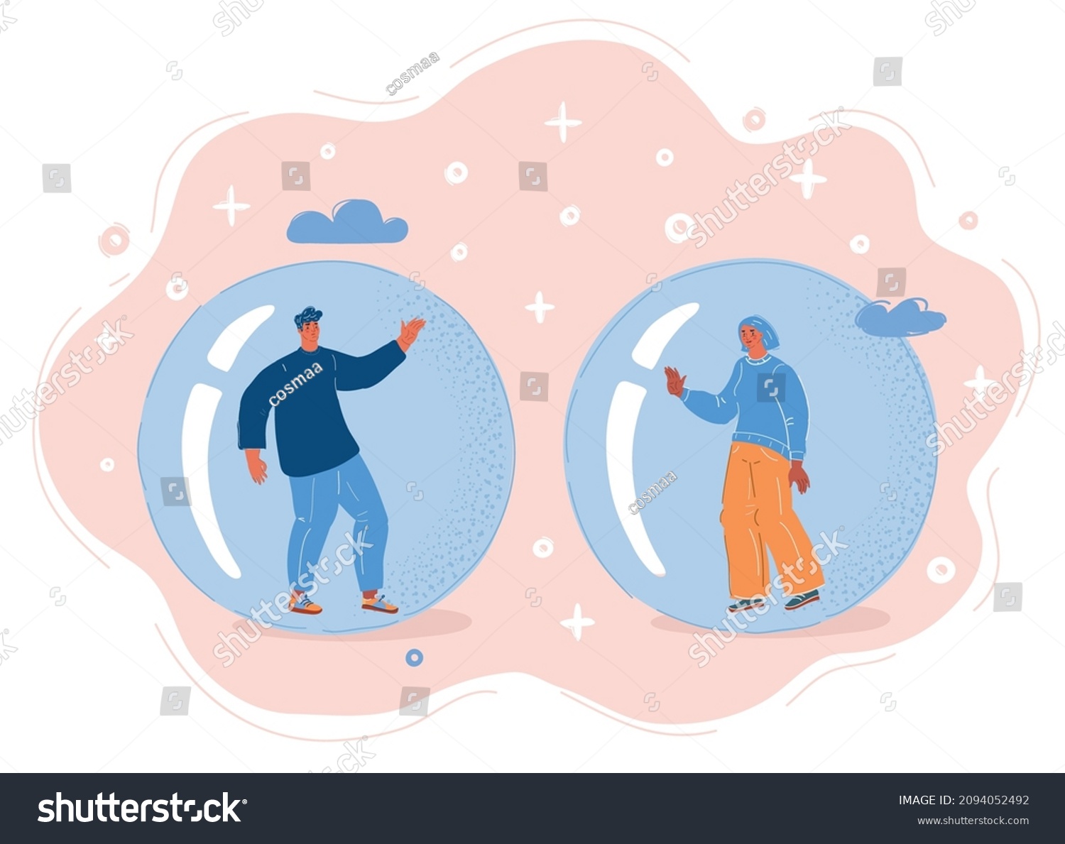 SVG of Cartoon vector illustration of People inside Echo chamber, isolated bubble, woman and man can't communicate or do it at distance svg