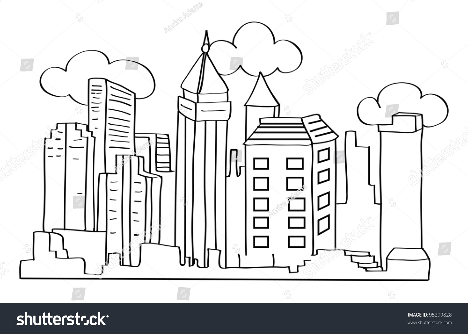 Cartoon Vector Outline Illustration Of A City Skyline - 95299828 ...