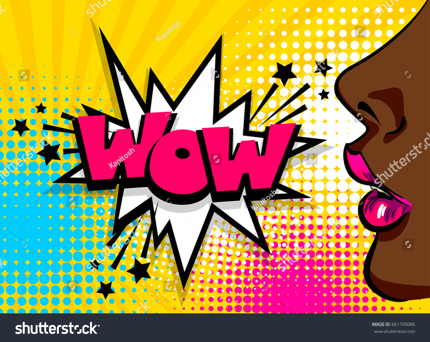 漫画のビンテージポスター 黒いアフリカ系アメリカ人のポップアートの女の子がスピーチバブルを話すwowベクターフォントイラスト セール広告バナーオープンセクシーな唇ワンダーポップアートの女性スタイル のベクター画像素材 ロイヤリティフリー
