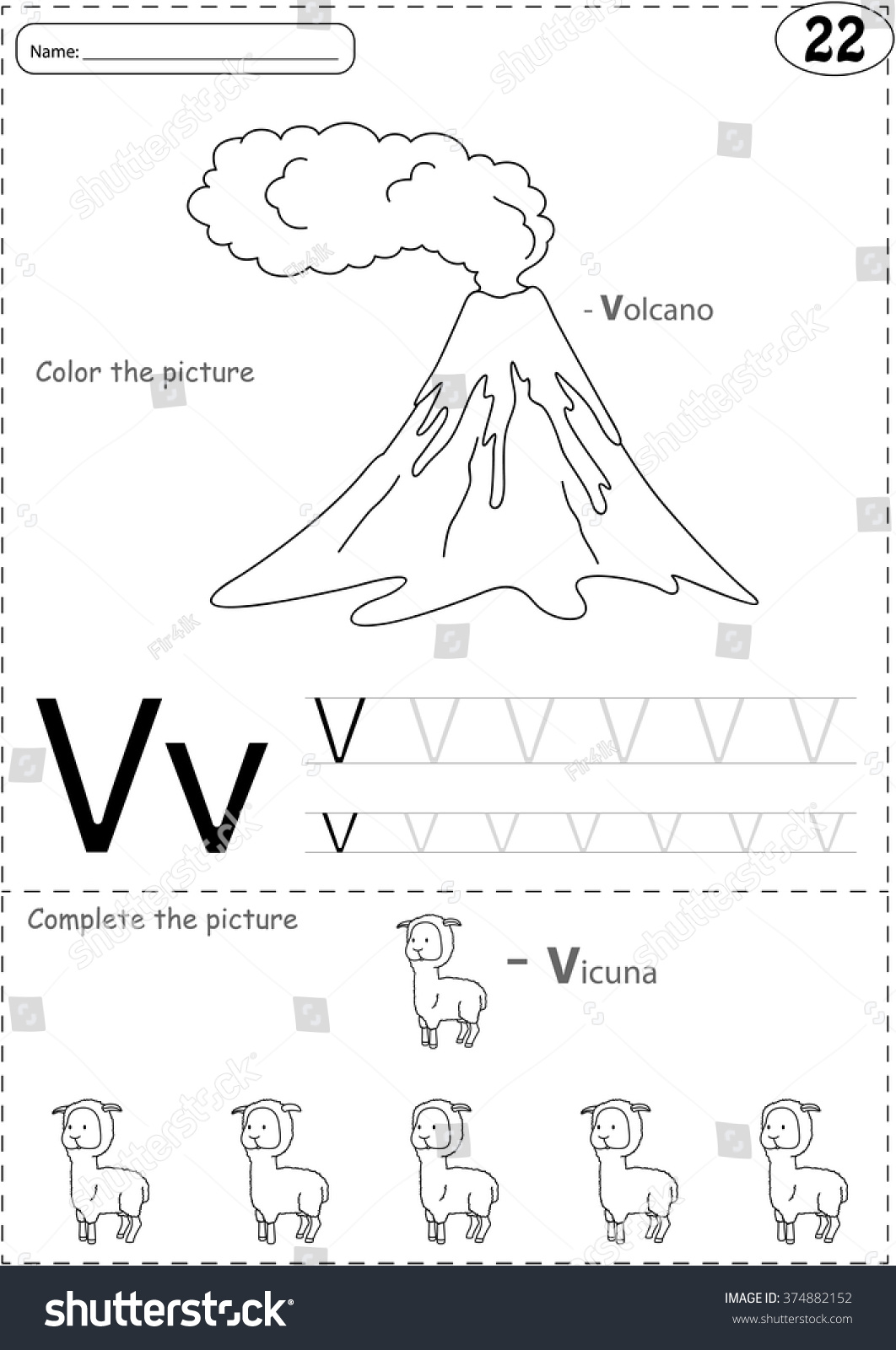 cartoon volcano vicuna alphabet tracing worksheet stock vector