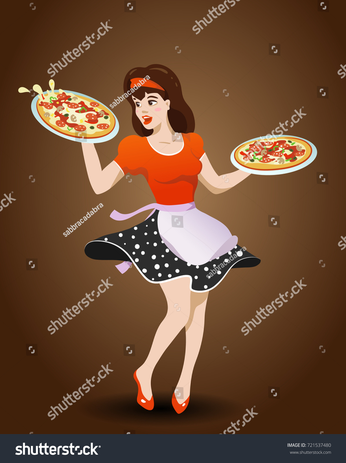 Cartoon Waitress Two Pizzas Vector Illustration Vectores En Stock 721537480 Shutterstock 