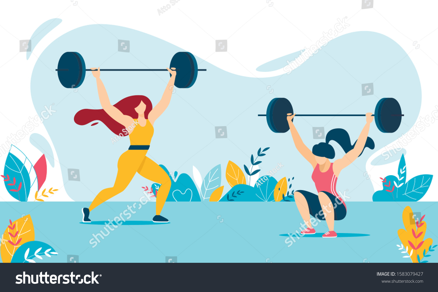 SVG of Cartoon Weight Lifter Woman Characters Training. Strong Girls in Sportswear Lifting and Squatting Heavy Barbell. Female in Tracksuits. Weightlifting Fitness, Workout, Sport. Vector Flat Illustration svg