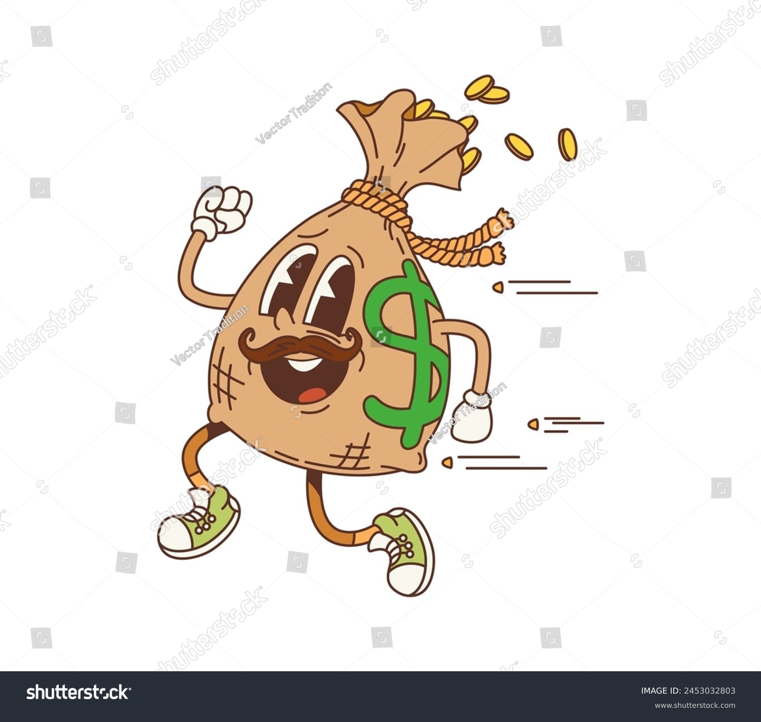 SVG of Cartoon Western money bag groovy character, retro Wild West bank vector personage. Funny old canvas sack with mustache and gold coins running away from pursuit. Western money bag emoji dodging bullets svg