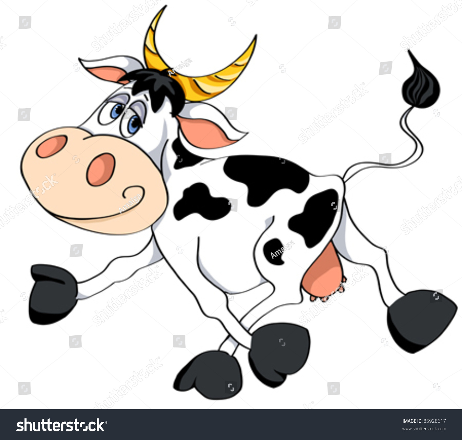 Cartoon White Cow Runs. Vector Illustration. Isolated On White ...