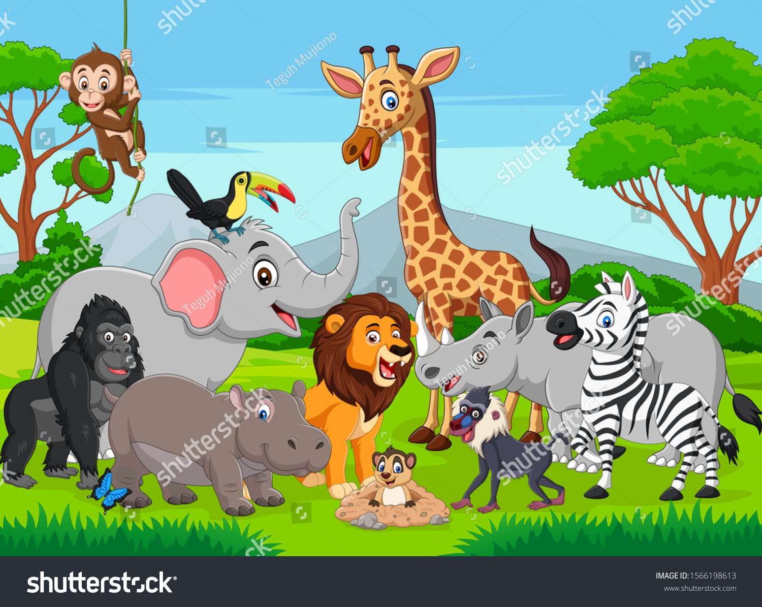 ジャングルに生息する野生動物を漫画で描く のベクター画像素材 ロイヤリティフリー