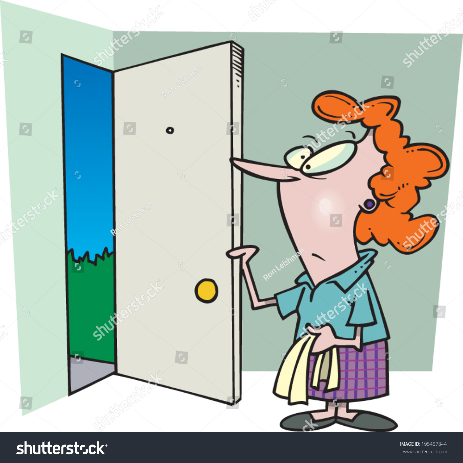 Cartoon Woman Opening Her Front Door Stock Vector Royalty Free