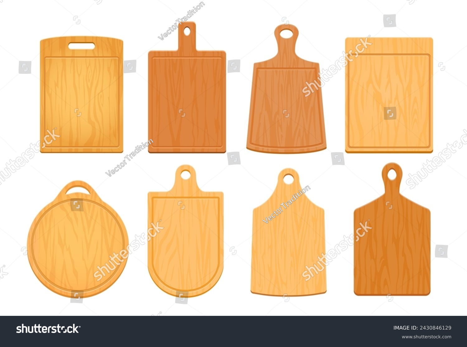 SVG of Cartoon wooden chopping boards or kitchen cutting plates of wood, vector set. Food chopping boards, circle for pizza, round and square chopping plates for table or cooking with holes in handles svg