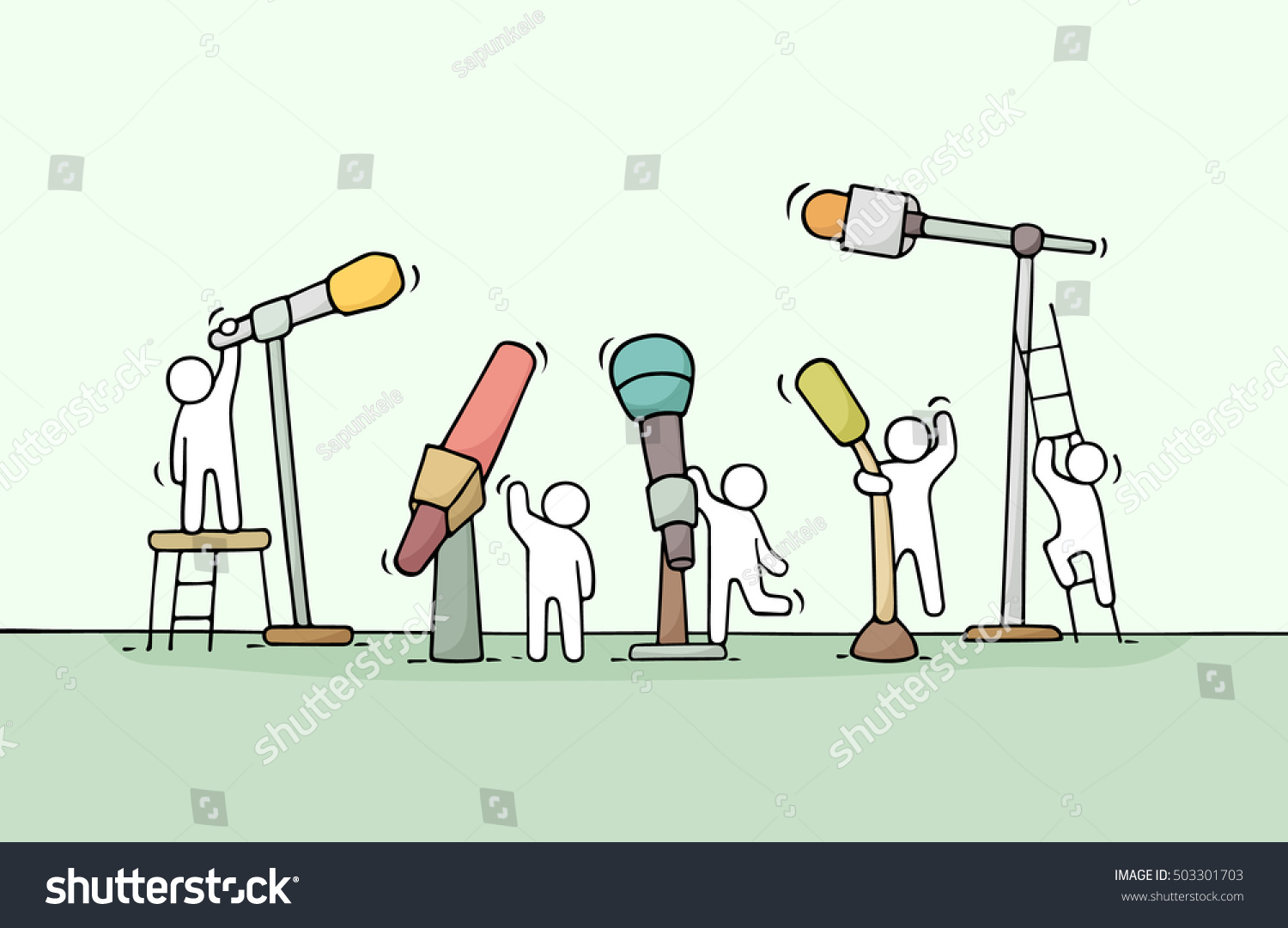 SVG of Cartoon working little people with microphones. Doodle cute miniature scene of workers about conference. Hand drawn vector illustration for business and media design. svg