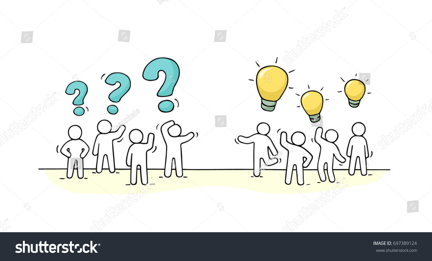 SVG of Cartoon working little people with thinking signs. Doodle cute miniature scene of two teams. Hand drawn vector illustration for business and social design. svg