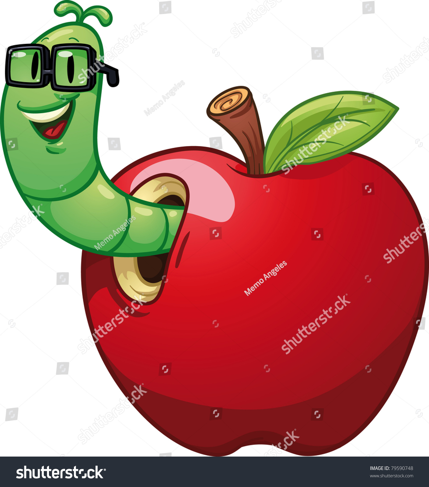 Cartoon Worm Coming Out Of An Apple. Vector Illustration With Simple ...