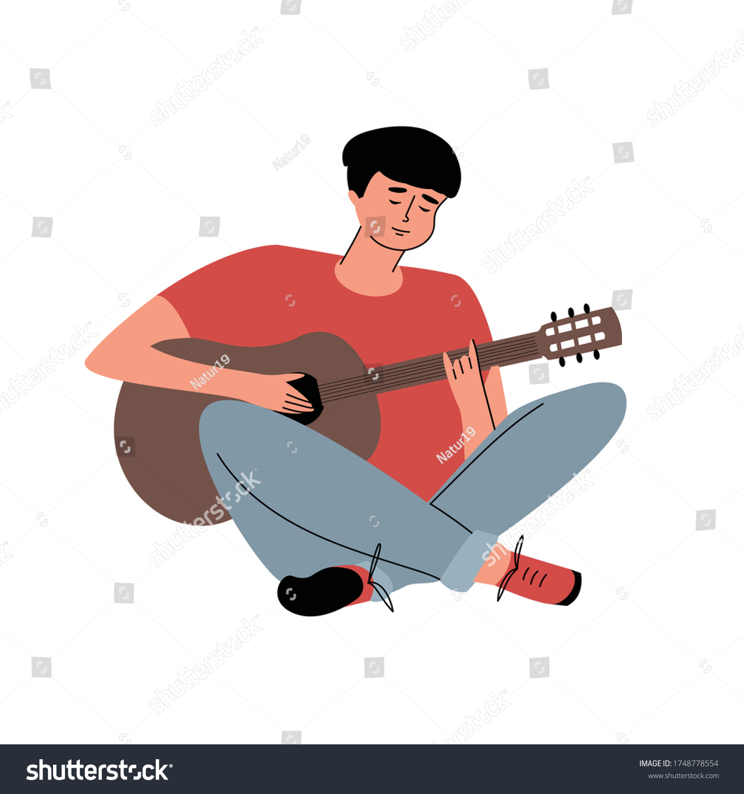 ギターを弾く漫画の若い男 手描きの男が手に楽器を持って座っている 音楽が好き 分離型白い背景にカラフルなベクターイラスト のベクター画像素材 ロイヤリティフリー
