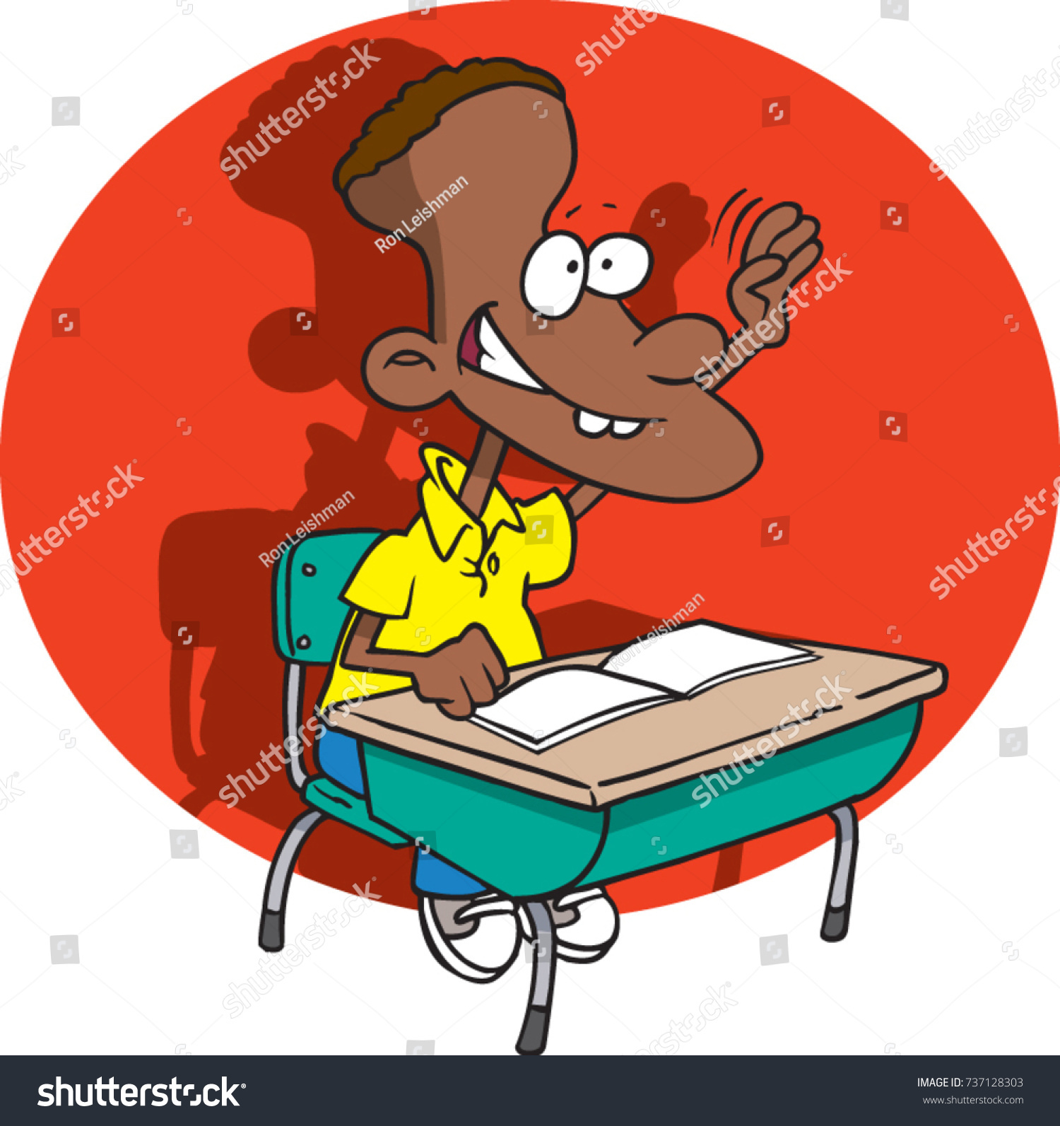 Cartoon Young Student Sitting Desk Raising Stock Vector Royalty