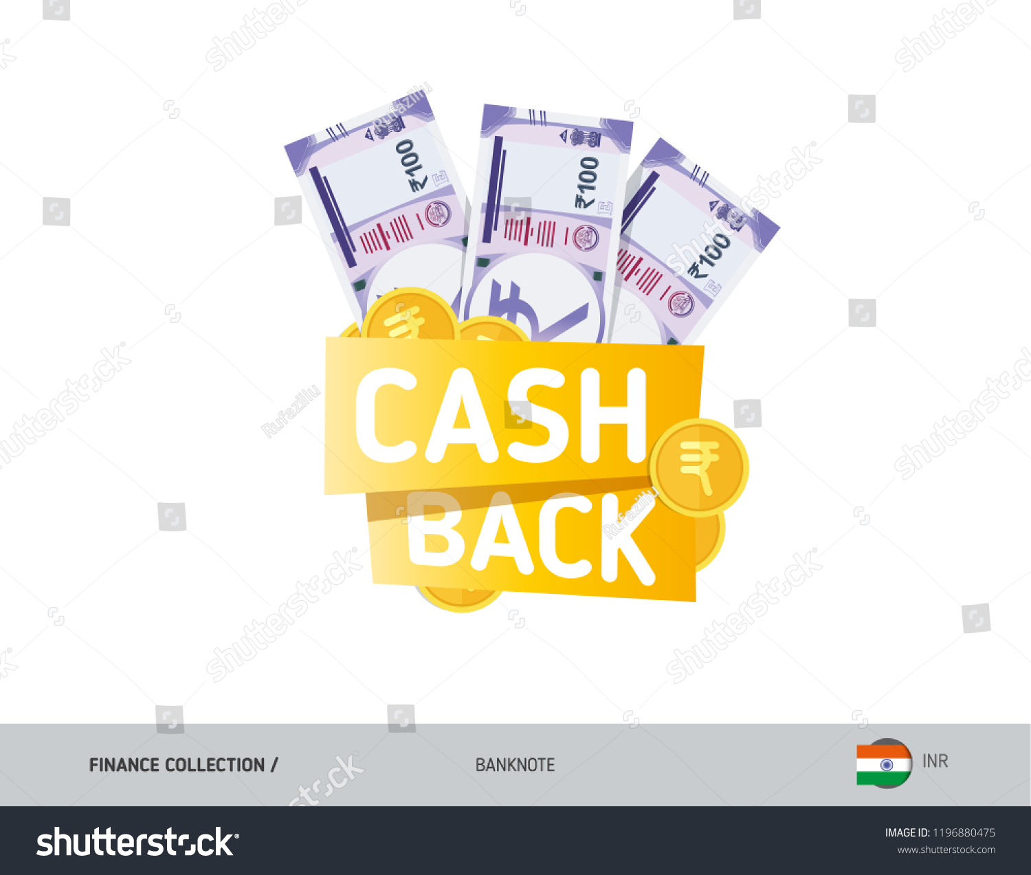 SVG of Cash back banner with 100 Indian Rupee Banknotes and coins. Flat style vector illustration. Shopping and sales concept. svg