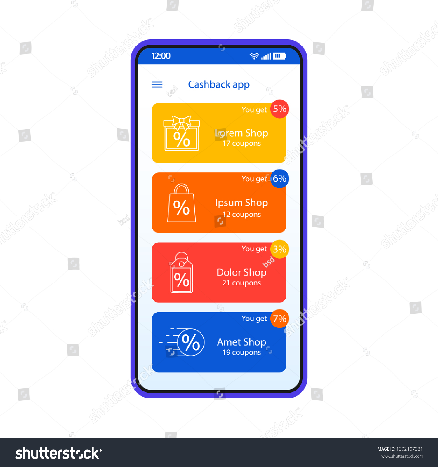 Cashback App Smartphone Interface Template Discounts Stock Vector Royalty Free 1392107381