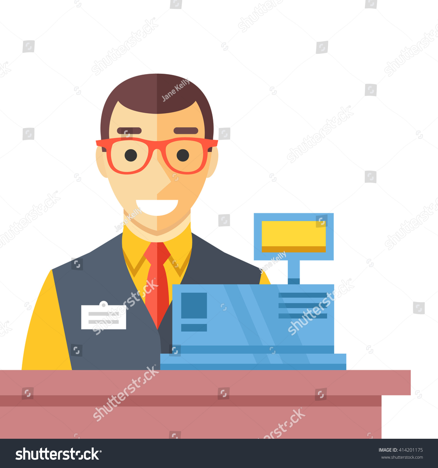 Cashier Man Checkout Counter Counter Desk Stock Vektorgrafik