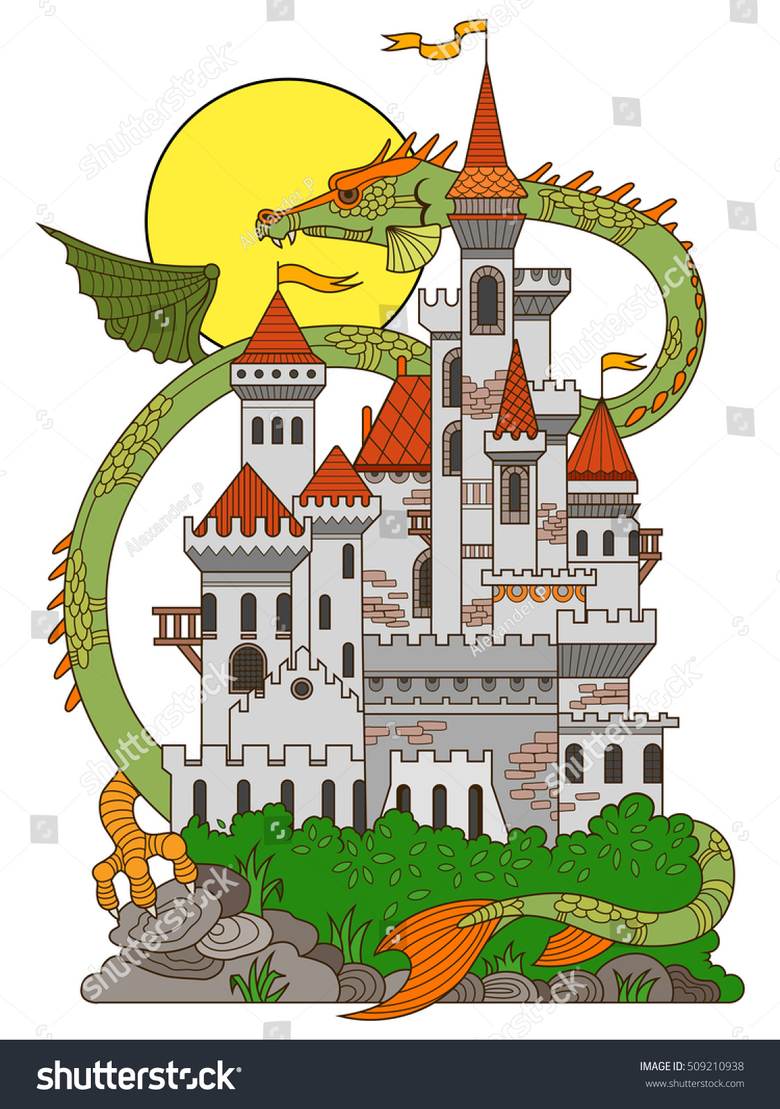 Castle Dragon Vector Illustration Fairy Drawing Stock Vector Royalty Free